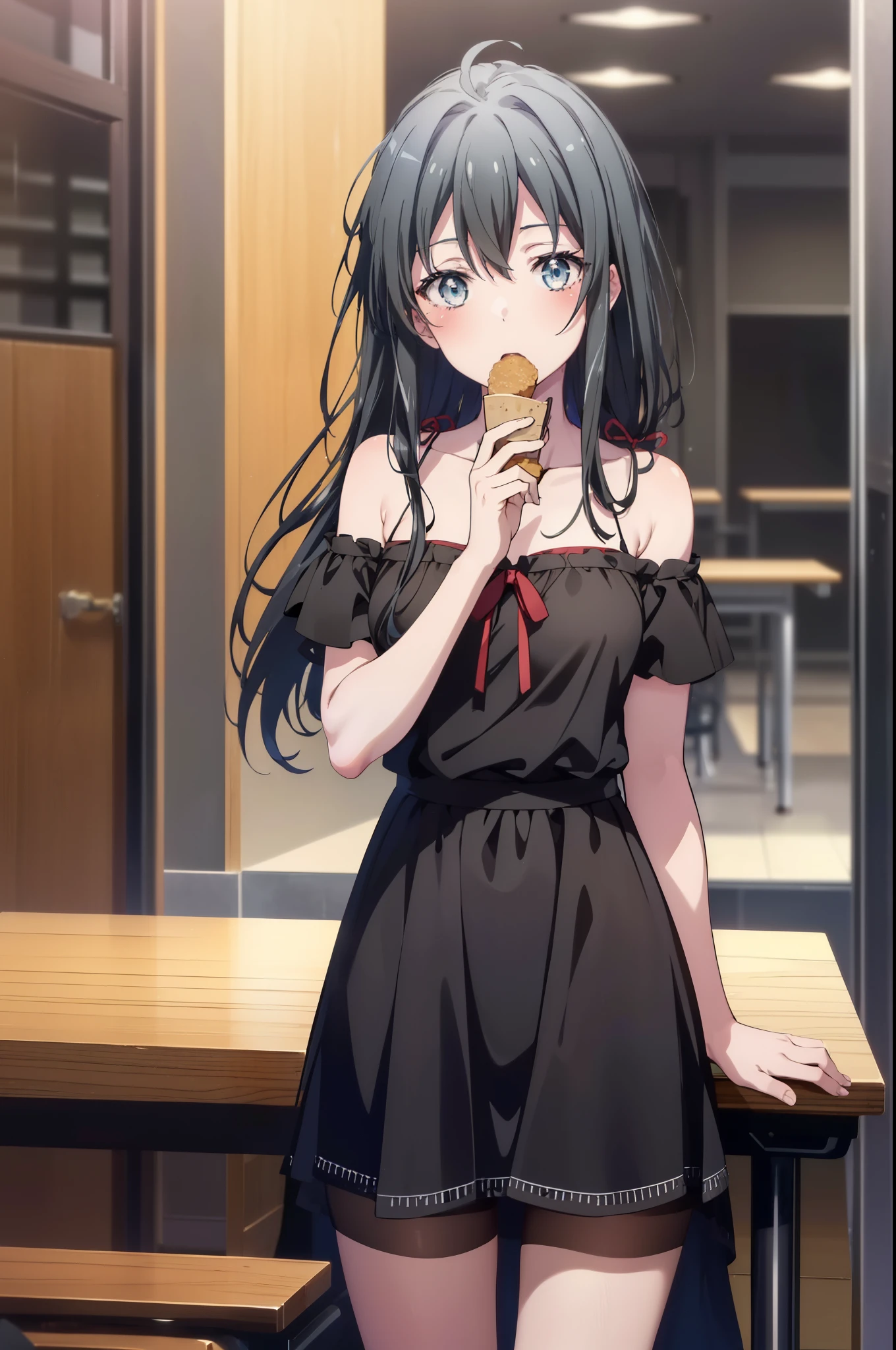 yukinoyukinoshita, yukino yukinoshita, black hair, blue eyes, long hair, Ahoge,smile,blush,open your mouth,red off shoulder dress,bare shoulders,bare clavicle,naked neck,shorts,black pantyhose,short boots,Girl eating curry rice at the table,椅子に座っている
break indoors, School cafeteria,
break looking at viewer, (cowboy shot:1.5),
break (masterpiece:1.2), highest quality, High resolution, unity 8k wallpaper, (figure:0.8), (detailed and beautiful eyes:1.6), highly detailed face, perfect lighting, Very detailed CG, (perfect hands, perfect anatomy),