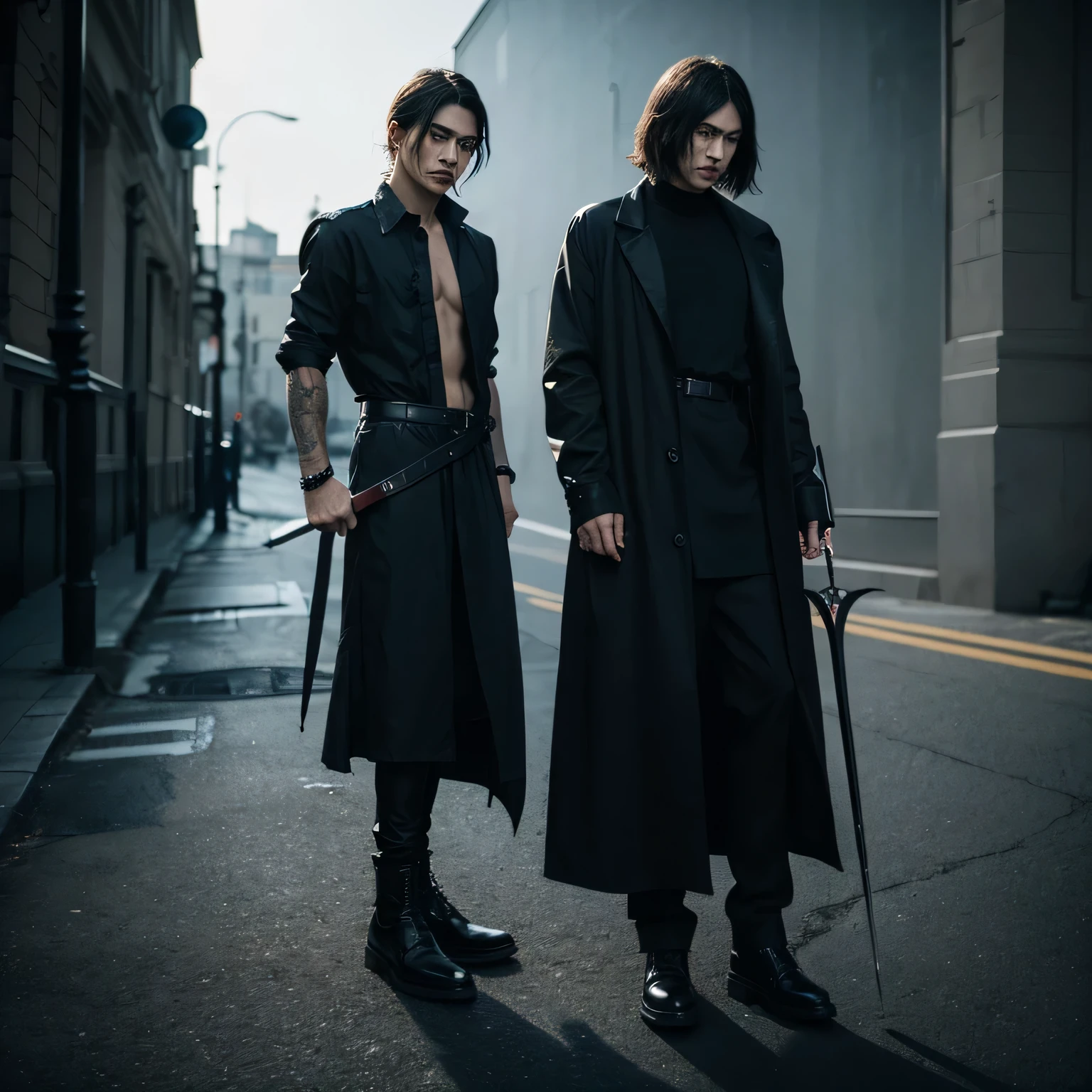 I want to make a male character wearing black clothes, With dark tones, Holding a scythe in his right hand,It says the abbreviation EM.