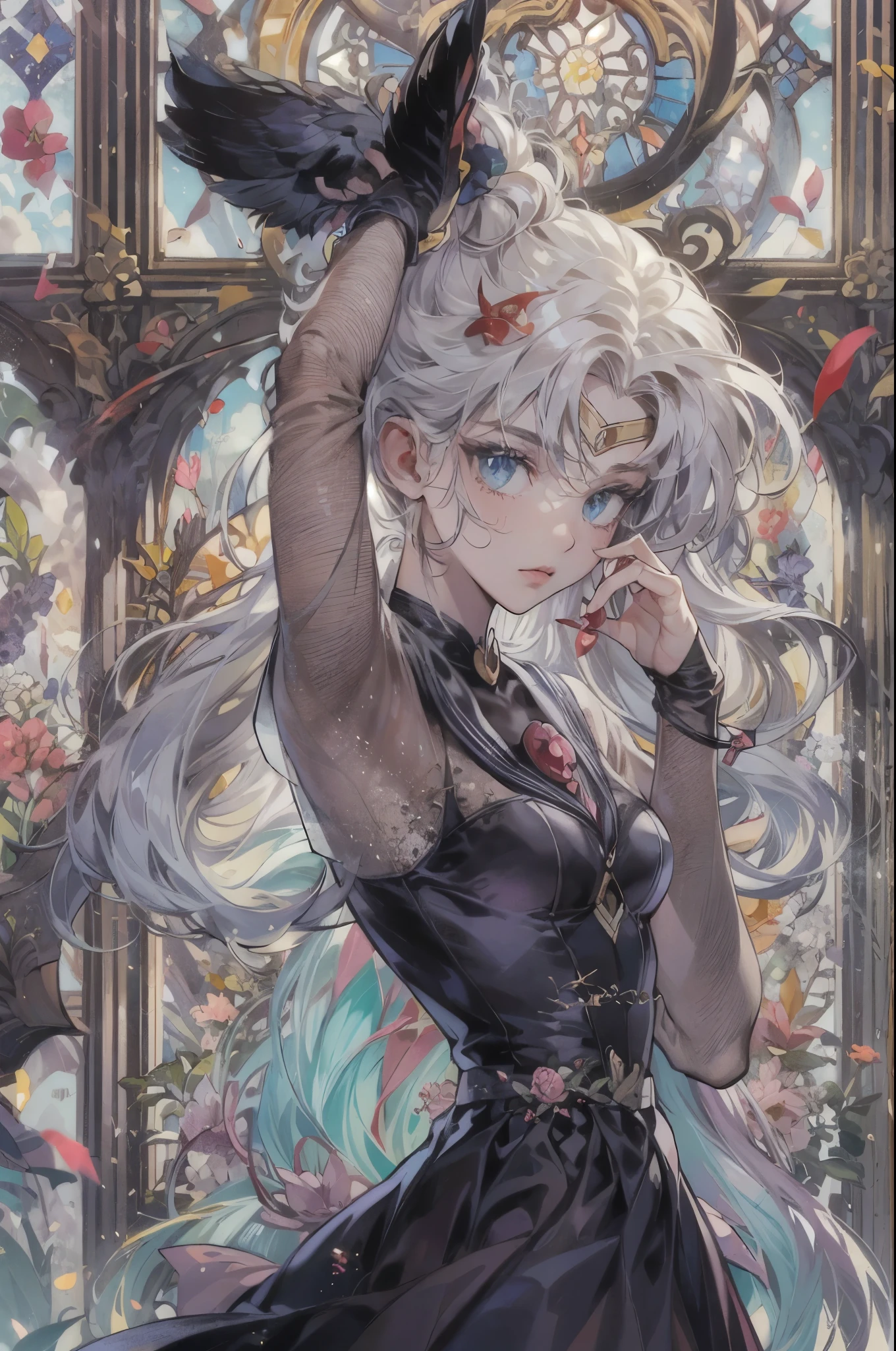 ((Best quality)), ((masterpiece)), (detailed), ((perfect face)), ((halfbody)) ((Sailor Moon Villain: The Witches 5)) solo picture close-up , cathedral background with a big stained glass window , breaking glass, black rose ornaments