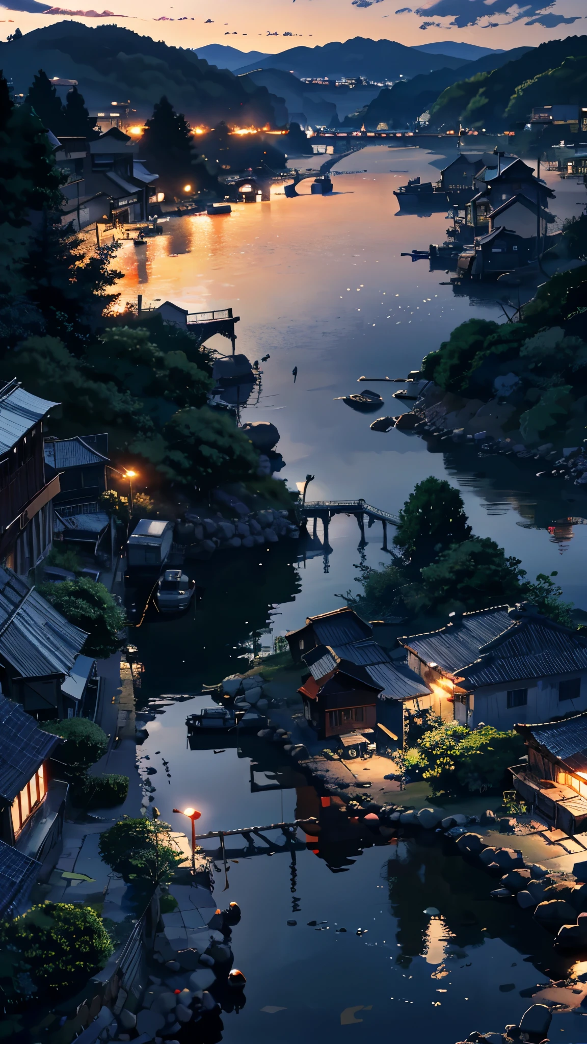 Evening, village, Japanese village, high quality, ultra HD 4k, small mill