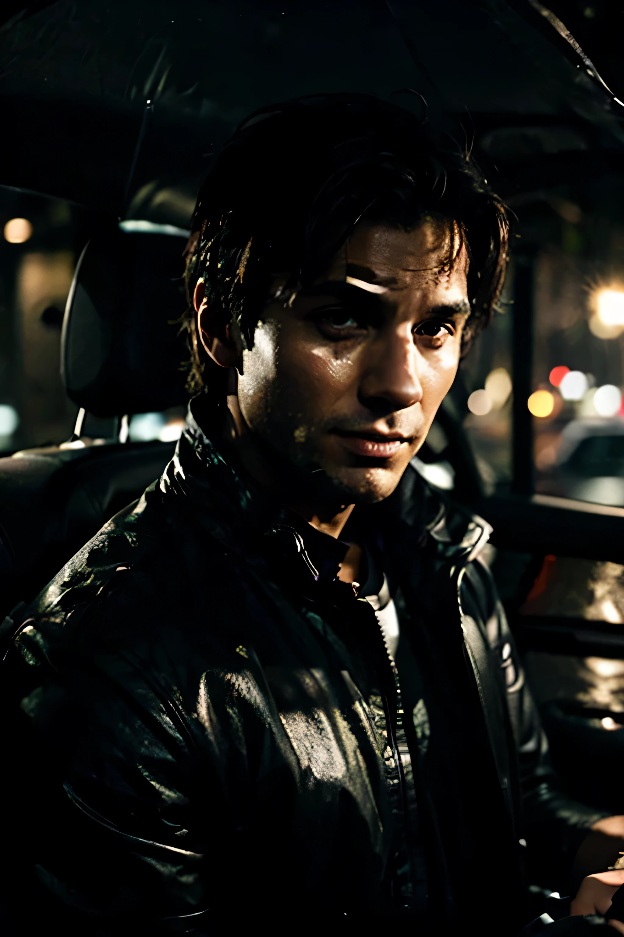 a man in a post-apocalyptic time, after the outbreak, cinematic lighting, highly detailed face, (closeup), upper body, RAW, 8K, UHD, [smiling], armed and dangerous, short black hair,