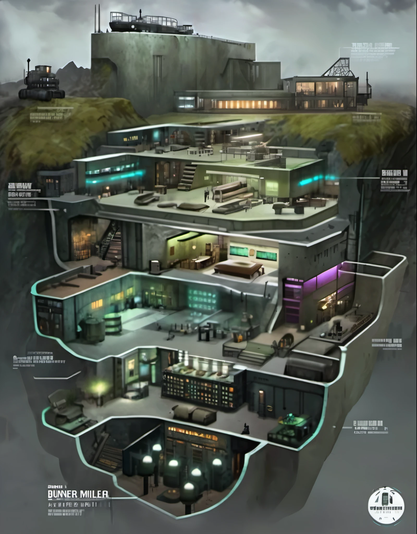 Schematic diagram with many rooms and many buildings of different colors, 地下bunker, underground laboratory, secret underground laboratory, Various lounges,huge hierarchy, bunker, Resident Evil Virus Concept Art, underground room, dungeon, Inspired by Dennis Miller Bunker, alien habitat, Concept art is very detailed, Underground facilities, cave system, segmented, villain's lair,Multifunctional area,
