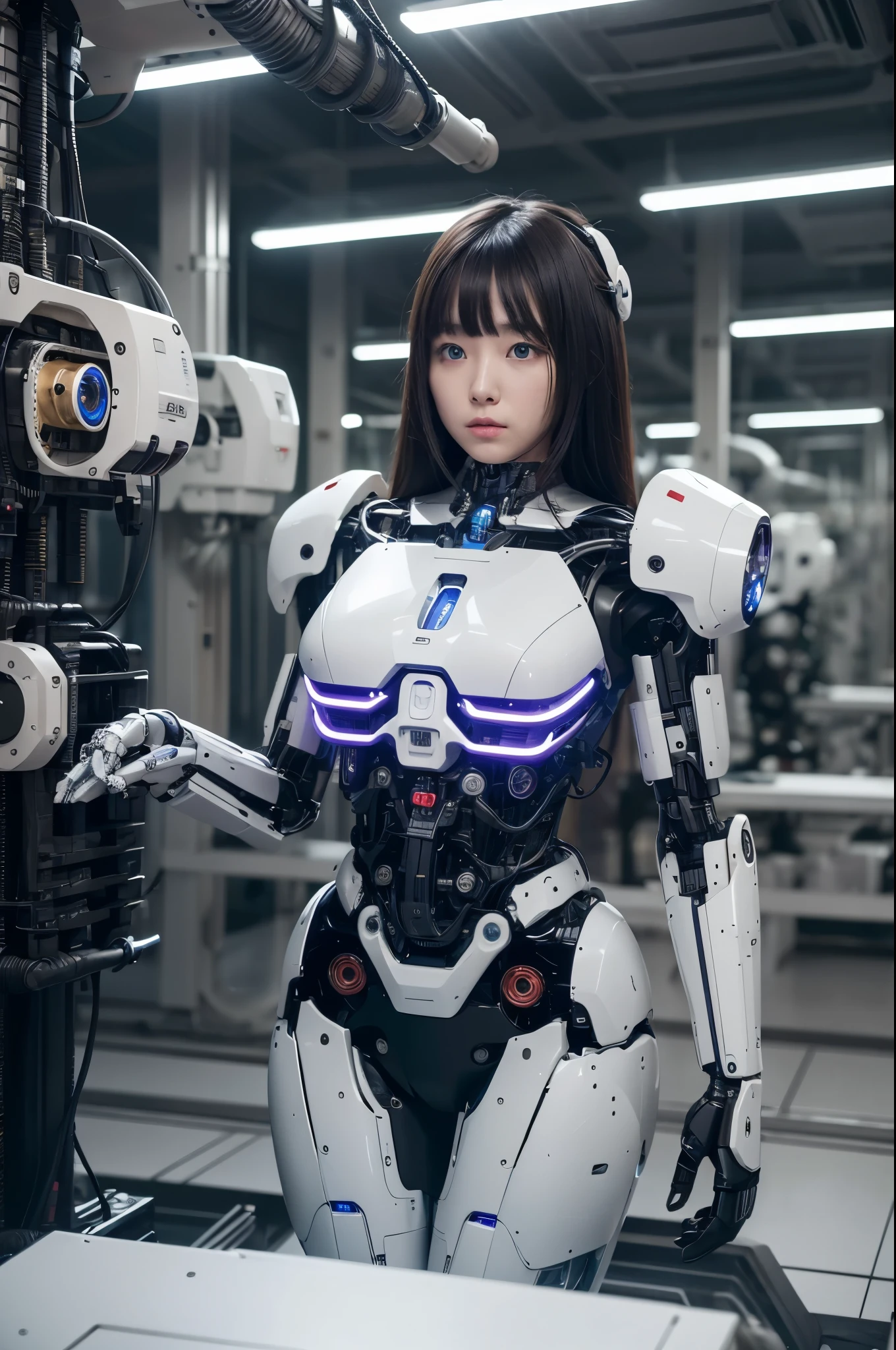 masterpiece, best quality, extremely detailed, 8k portrait,Japaese android girl,Plump ,control panels,android,Droid,Mechanical Hand, Robot arms and legs,Blunt bangs,perfect robot girl,long tube,thick cable connected her neck,android,robot,humanoid,cyborg,japanese cyborg girl ,robot-assembly plant,white robot body,She has assembled now,assembly scene,chest monitor,blue eyes,