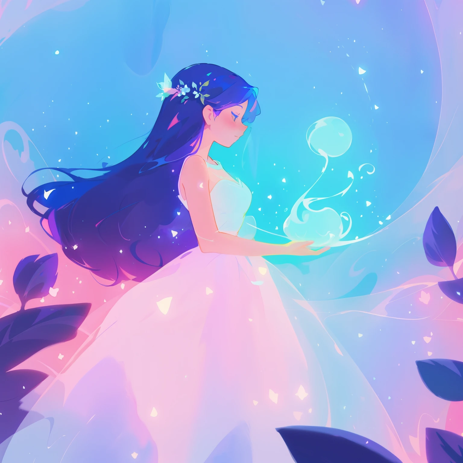 beautiful girl in puffy white ballgown, long dark hair, magical glowing blue lights coming from her hands, magical, whimsical, blue pink and purple colors, watercolor illustration, inspired by Glen Keane, inspired by Lois van Baarle, disney art style, by Lois van Baarle, glowing aura around her, by Glen Keane, jen bartel, glowing lights! digital painting, flowing glowing hair, glowing flowing hair, beautiful digital illustration, fantasia otherworldly landscape plants flowers, beautiful, masterpiece, best quality, anime disney style