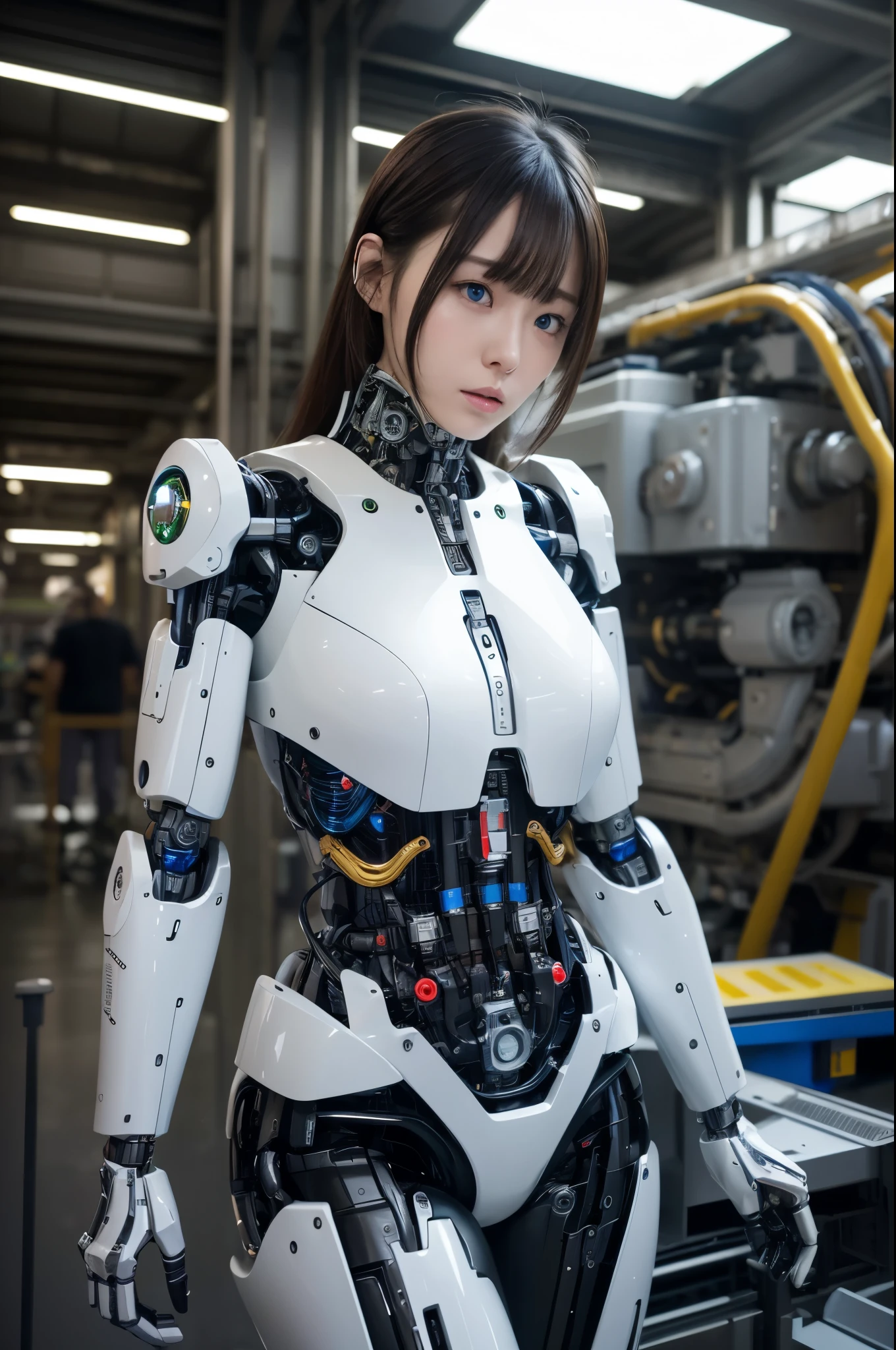 masterpiece, best quality, extremely detailed, 8k portrait,Japaese android girl,Plump ,control panels,android,Droid,Mechanical Hand, Robot arms and legs,Blunt bangs,perfect robot girl,long tube,thick cable connected her neck,android,robot,humanoid,cyborg,japanese cyborg girl ,robot-assembly plant,white robot body,She has assembled now,assembly scene,chest monitor,blue eyes, 