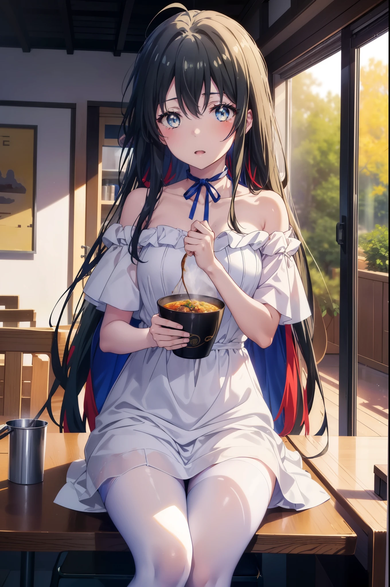 yukinoyukinoshita, yukino yukinoshita, black hair, blue eyes, long hair, Ahoge,smile,blush,open your mouth,red off shoulder dress,bare shoulders,bare clavicle,naked neck,shorts,black pantyhose,short boots,Girl eating curry rice at the table,椅子に座っている
break indoors, School cafeteria,
break looking at viewer, (cowboy shot:1.5),
break (masterpiece:1.2), highest quality, High resolution, unity 8k wallpaper, (figure:0.8), (detailed and beautiful eyes:1.6), highly detailed face, perfect lighting, Very detailed CG, (perfect hands, perfect anatomy),
