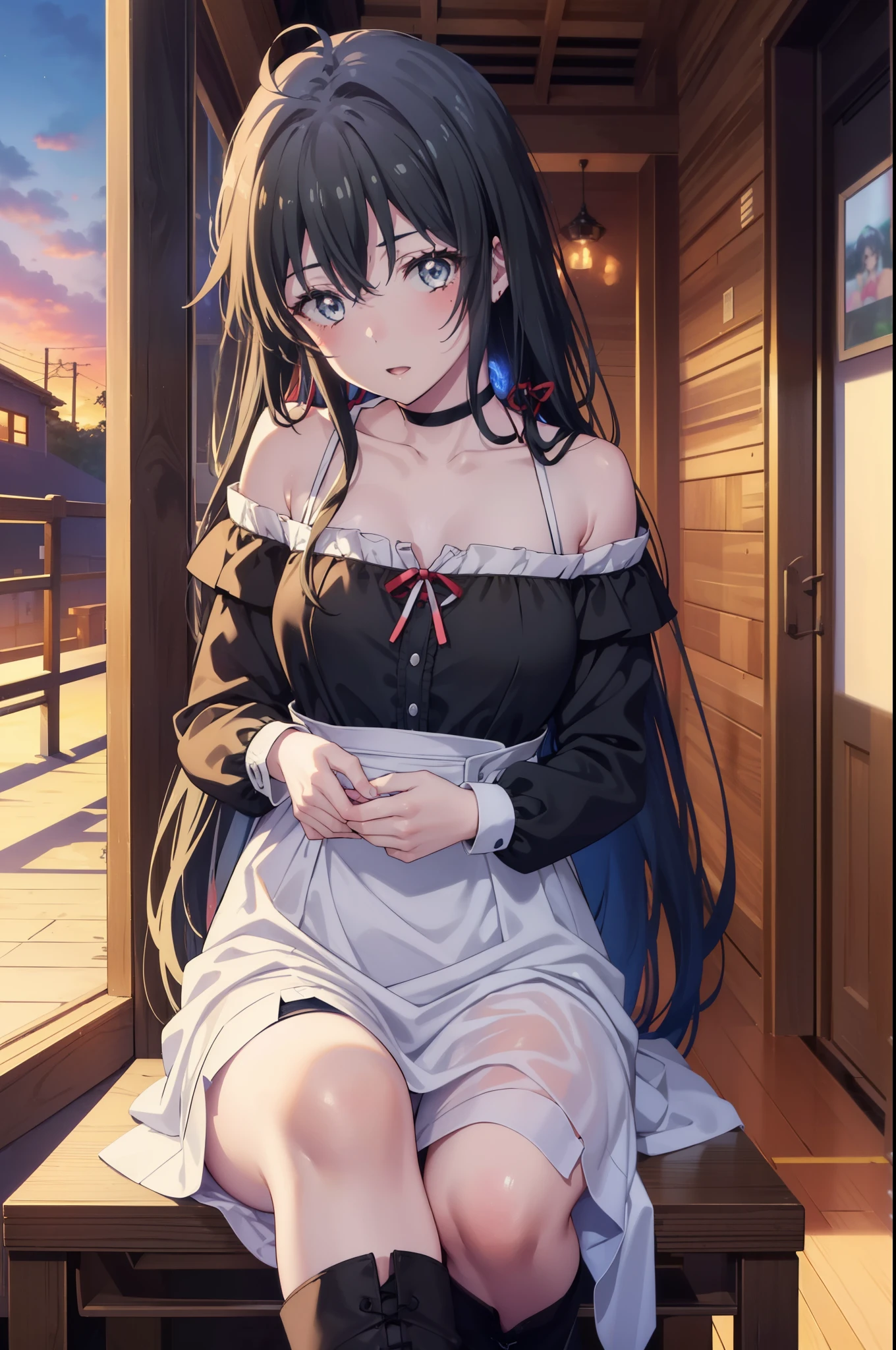 yukinoyukinoshita, yukino yukinoshita, black hair, blue eyes, long hair, Ahoge,smile,blush,open your mouth,red off shoulder dress,bare shoulders,bare clavicle,naked neck,shorts,black pantyhose,short boots,sitting on a chair and eating curry rice,Girl eating curry rice at the table,
break indoors, School cafeteria,
break looking at viewer, (cowboy shot:1.5),
break (masterpiece:1.2), highest quality, High resolution, unity 8k wallpaper, (figure:0.8), (detailed and beautiful eyes:1.6), highly detailed face, perfect lighting, Very detailed CG, (perfect hands, perfect anatomy),