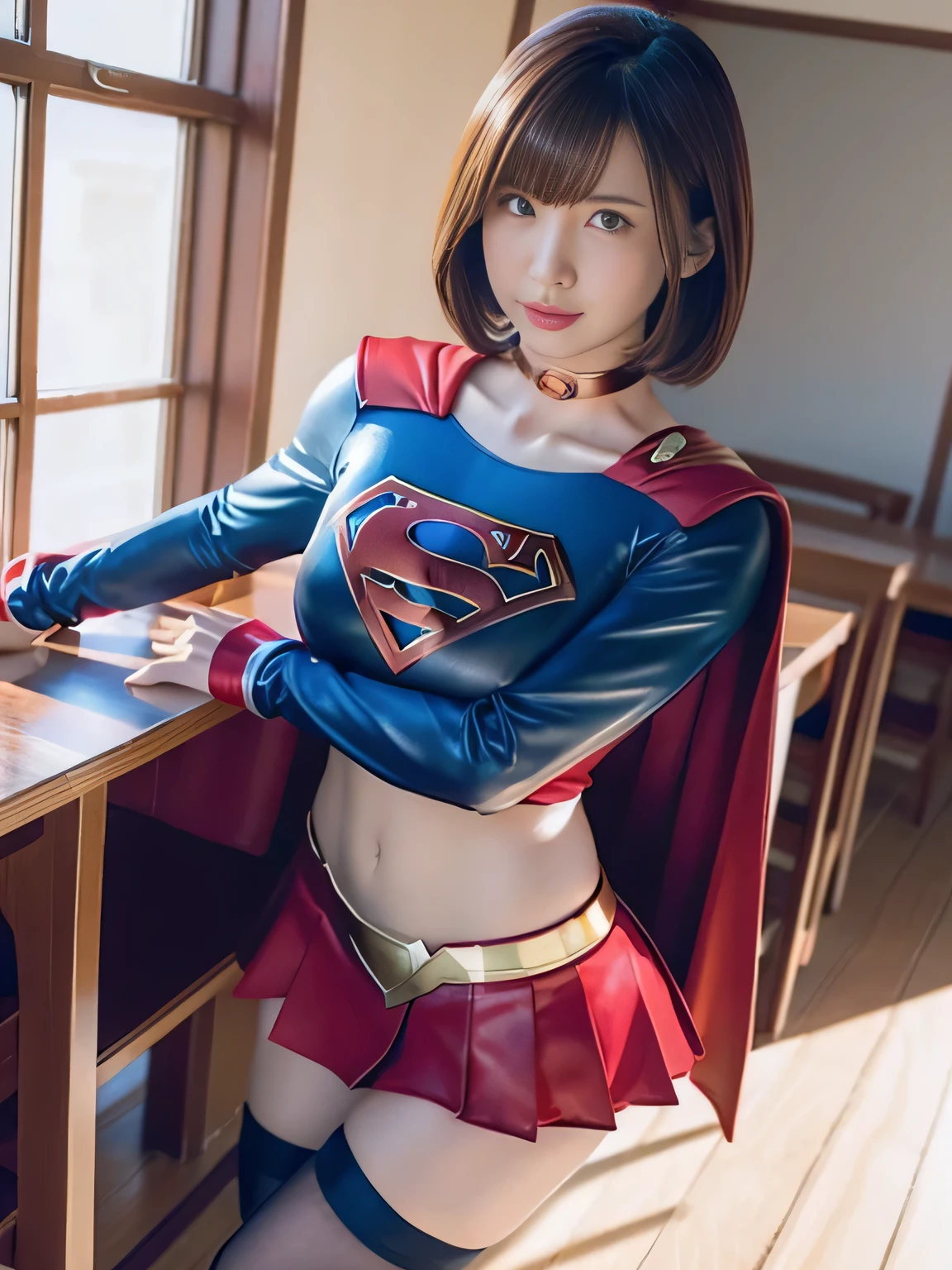 masterpiece、supergirl costume、short hair、barefoot、big and full breasts、classroom、straddle the desk、sexy pose、athlete、shiny、looking at camera、Seduce、choker、long sleeve、red mini skirt、Weekly magazine cover、