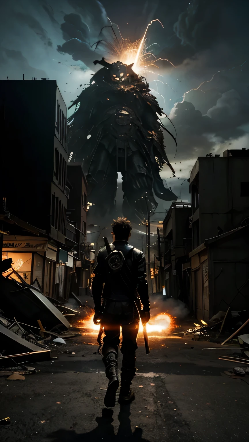 futuristic male teenager warrior walking in post-apocalyptic destroyed city wielding a glowing naginata staff. glowing eyes. behind him monstruous big demon black dog with electrical burst of energy. open space, wide destroyed city street. Cinematic. high definition. sci fi realistic. anamorphic lens
