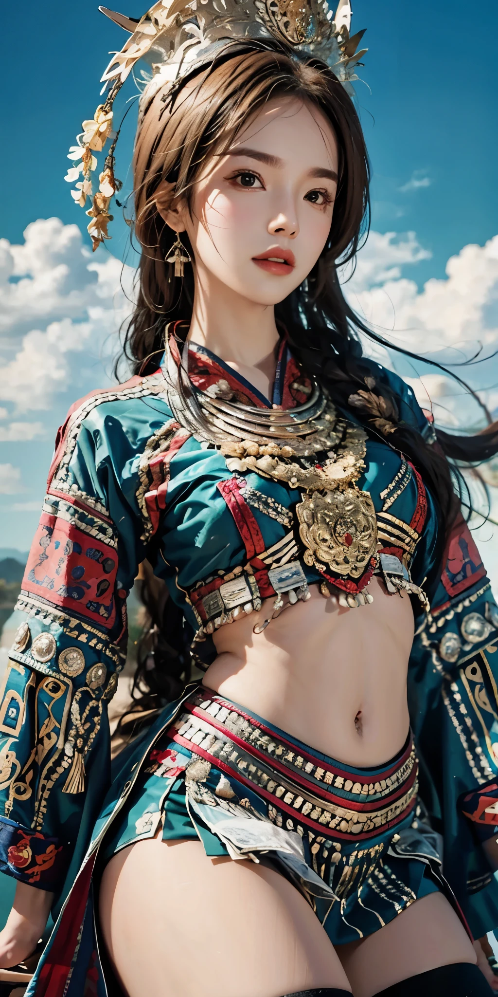 lifelike, High resolution, soft light,1 female, alone, Hips raised, shiny skin, (Detailed face), plateau,blue sky,paddy,extremely detailed,torogao, Hmong clothing, crown