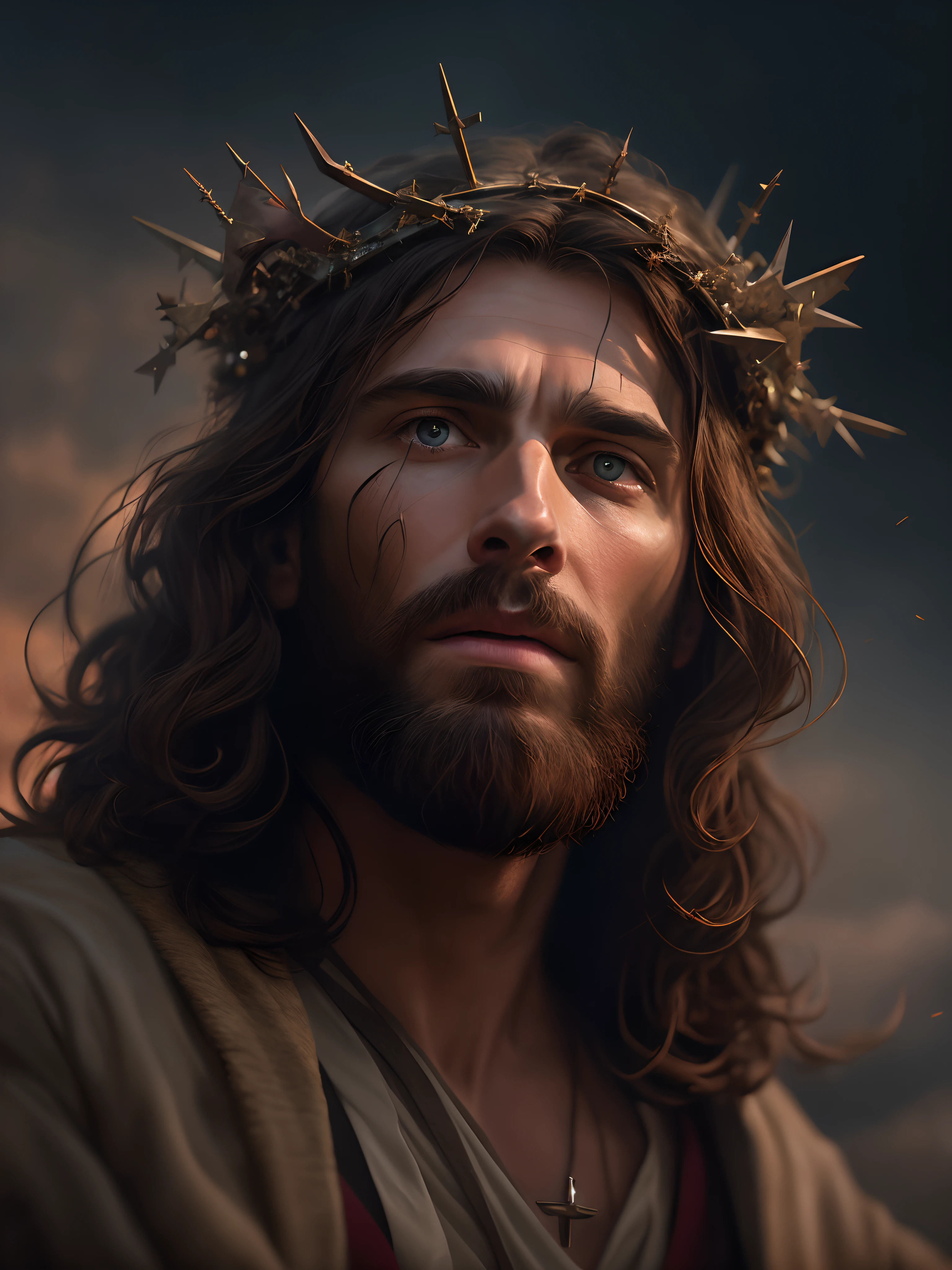 Jesus with crown of thorns on his head, Retrato de Jesus Cristo, 8k arte detalhada de alta qualidade, pintura detalhada 4K, Cabo Hristofor Žefarović, Jesus Cristo, crown rendering, wojtek fus, baixo detalhamento. fundo escuro, Pintura digital, Dirigido por: Roman Bezpalkiv.., Digital painting with 8k resolution, Pintura digital detalhada