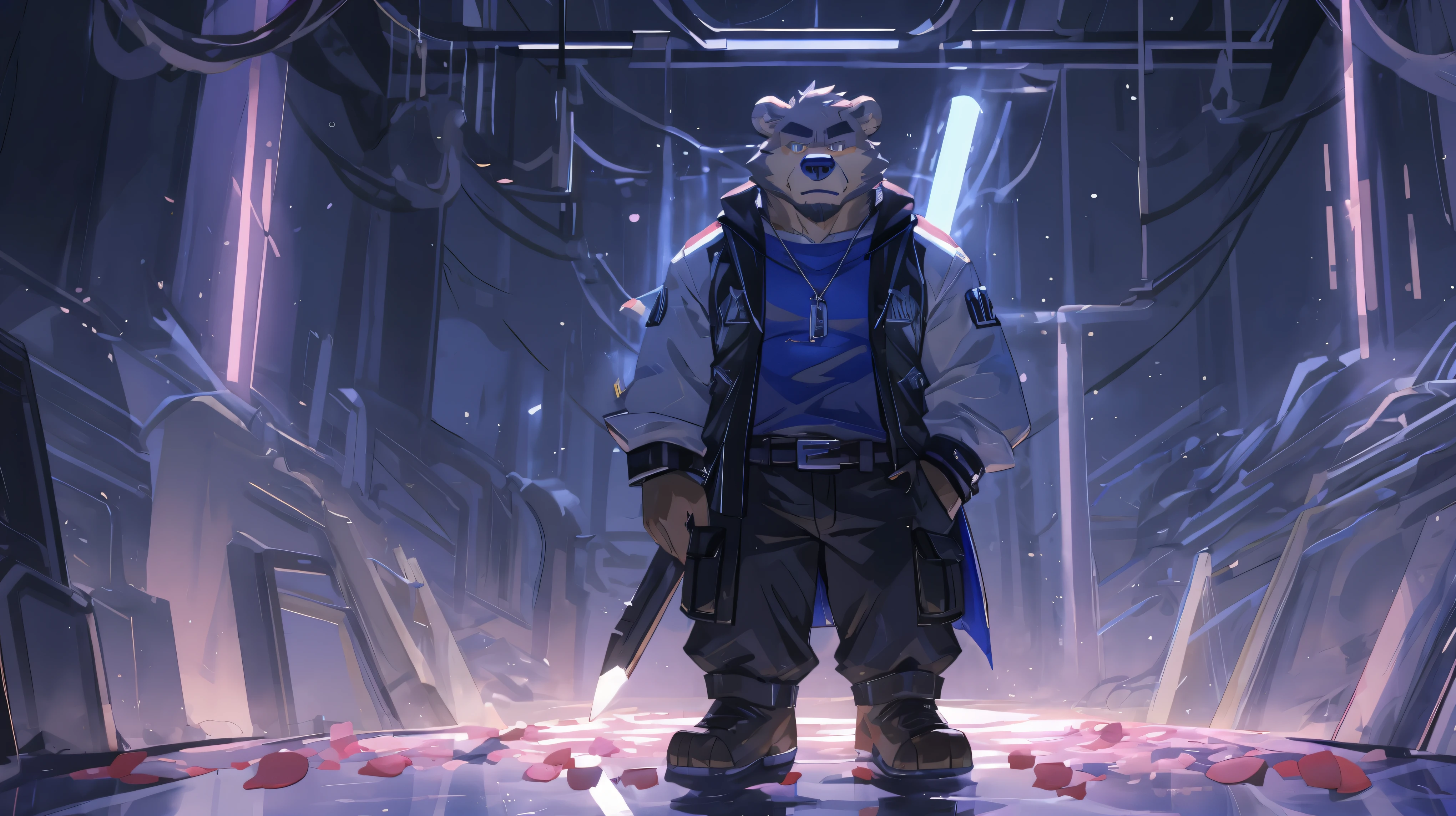 (masterpiece:1.2), best quality,pixiv,official art,(Ray tracing, light), (petal in the sky :1.3), (1_male:1.3), (solo:1.2) , portrait , (muscle), (gray fur:1.4), (muscle bear), (bear tail), (beard:1.2), (gleaming golden eyes), Thick eyebrows, cyberpunk, neon light, black vest,white open hoodie, cargo shorts , Salar de Uyuni ,reflection, looking at viewer, full body