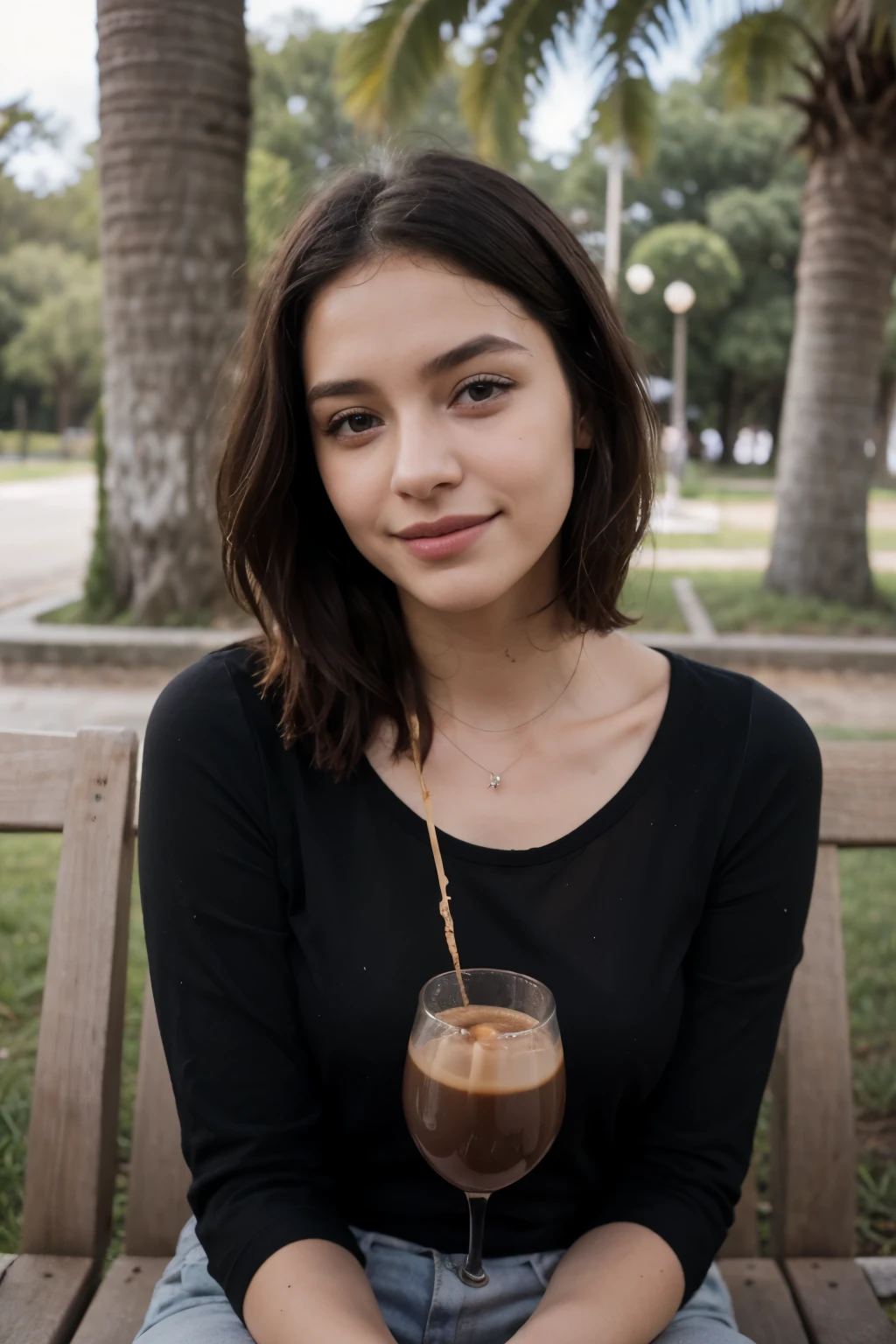 18 year old woman 1.68 metros de estatura con un camisa, negro_camisa, maquillaje ligero, Brown_ojos, negro_cabello, piel clara,corto_cabello,sonriendo ligeramente en un parque, mezclilla_pantalon, sentada en una banca, having a glass of coffee,punta redonda_nariz