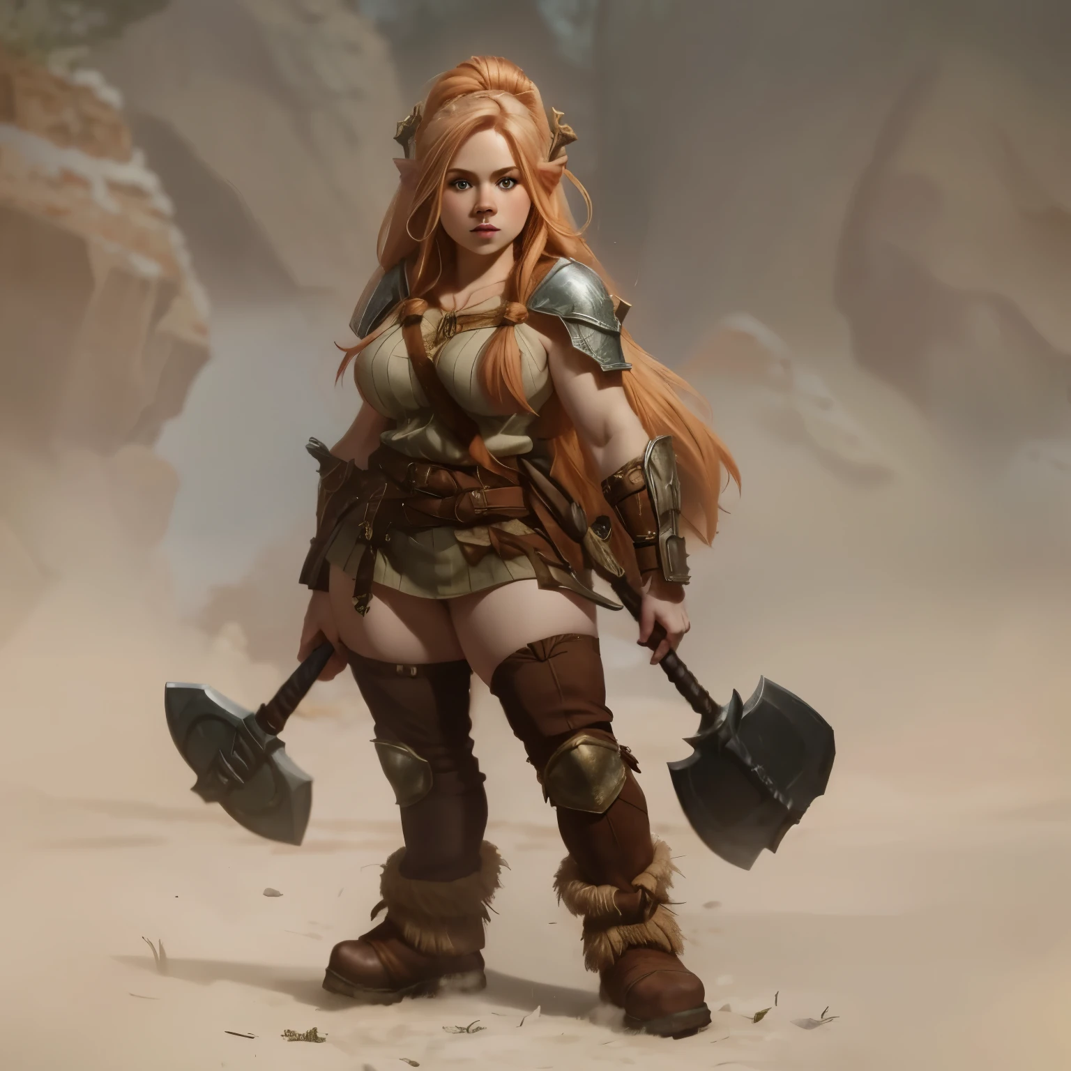 Really pretty dwarf girl fantasy art, fair reddish pale blonde hair, dressed in ancient fantasy dwarf girl attire, very sexy seductive pose, large_breast, big_booty, knobby boots throwing axe and war hammer, fantasy background forest village scene, Masterpiece