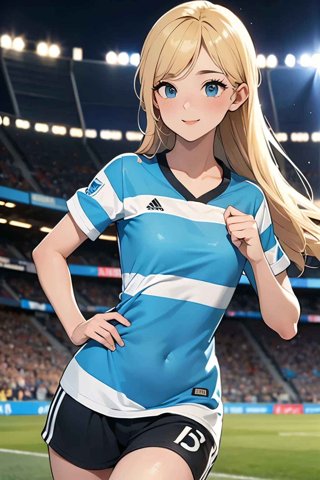 soccer player woman, blonde, t shirt colors striped vertical blue white and black , Gremio FBPA, in stadium, very beautiful