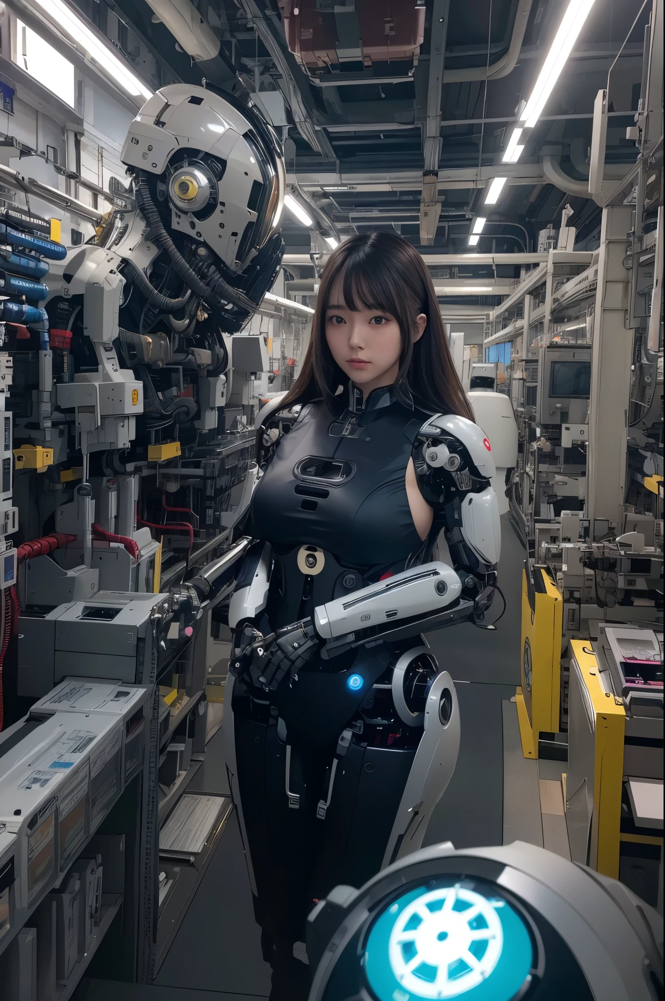 masterpiece, best quality, extremely detailed, 8k portrait,Japaese android girl,Plump ,control panels,android,Droid,Mechanical Hand, Robot arms and legs,Blunt bangs,perfect robot girl,long tube,thick cable connected her neck,android,robot,humanoid,cyborg,japanese cyborg girl ,robot-assembly plant,white robot body,She has assembled now,assembly scene,chest monitor,blue eyes,