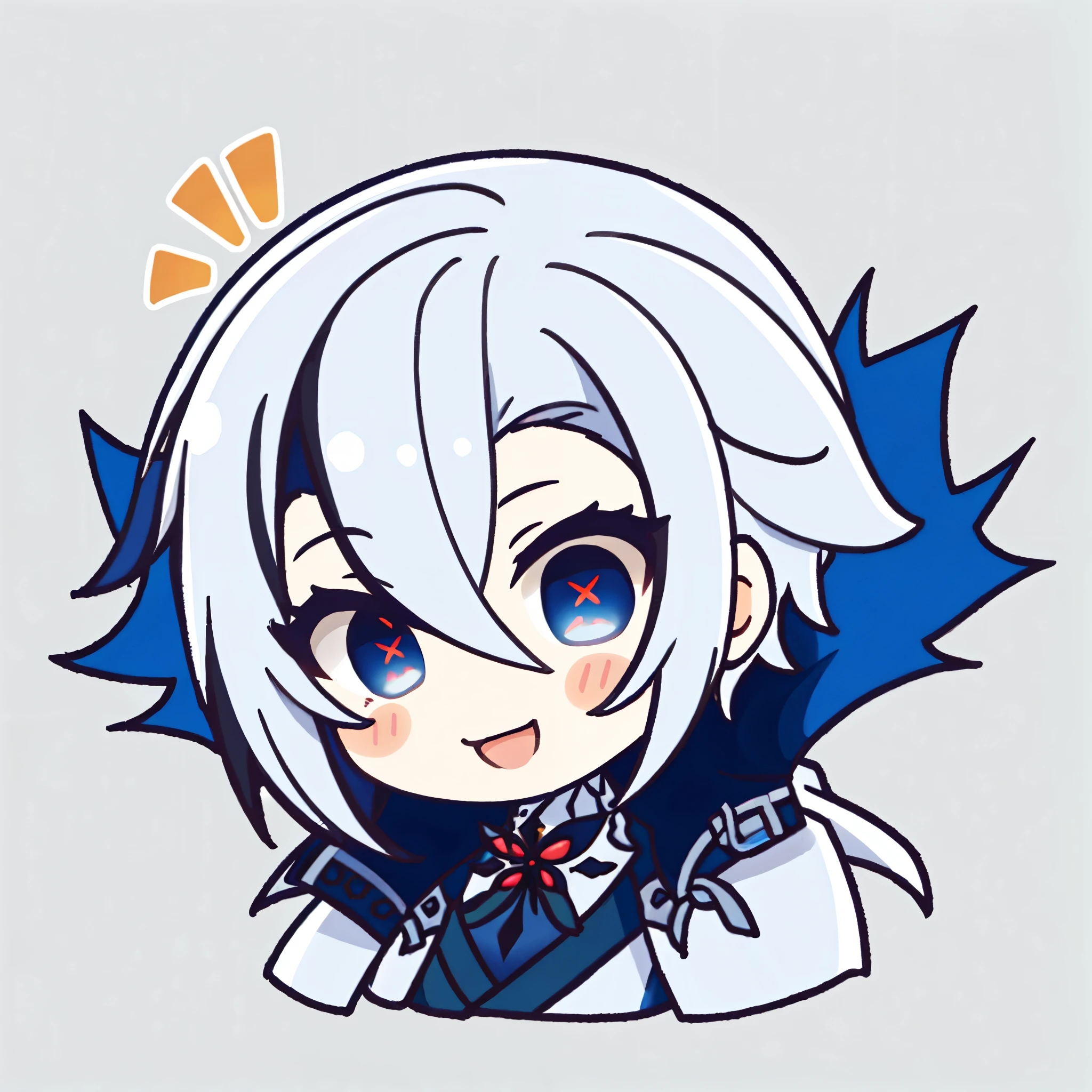 1girl,Arlecchino,(chibi:1.2), crazy smile， white short hair, blue eyes with red x-shaped pupils, wearing white suit,red cheeks, puffy cheeks,face focus:1.7
