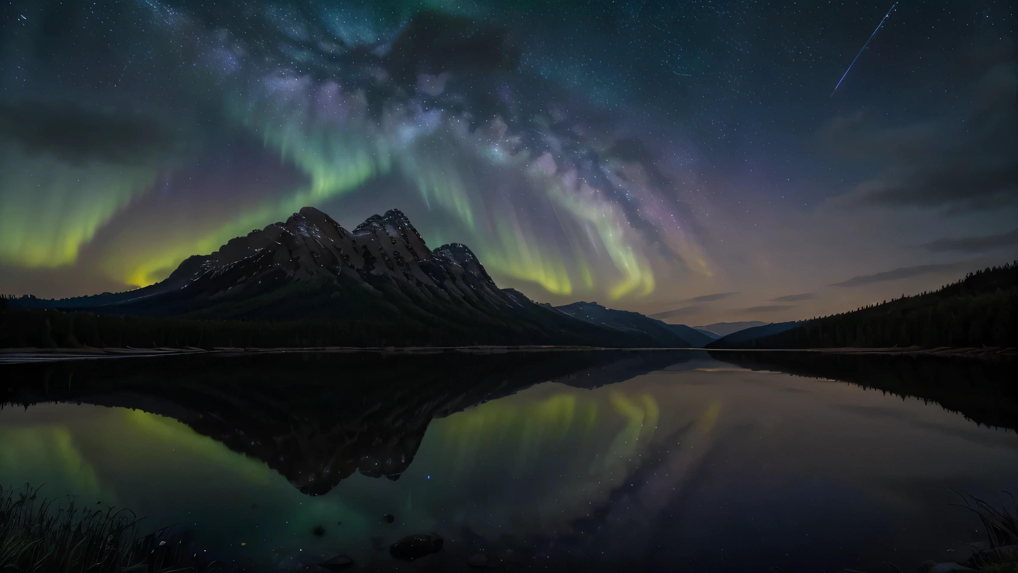 Design an enchanting night landscape featuring a serene mountain lake, reflecting the dazzling array of stars above. The sky is a deep indigo, alive with the glow of the Milky Way, stretching across the horizon. On one side of the lake, towering mountains silhouette against the sky, while on the other, a dense forest whispers the secrets of the night. Incorporate the aurora borealis weaving through the starry sky with vibrant hues of green and purple, adding a magical aura to the entire scene. The overall image should evoke a sense of tranquility and awe at the universe's vast beauty."