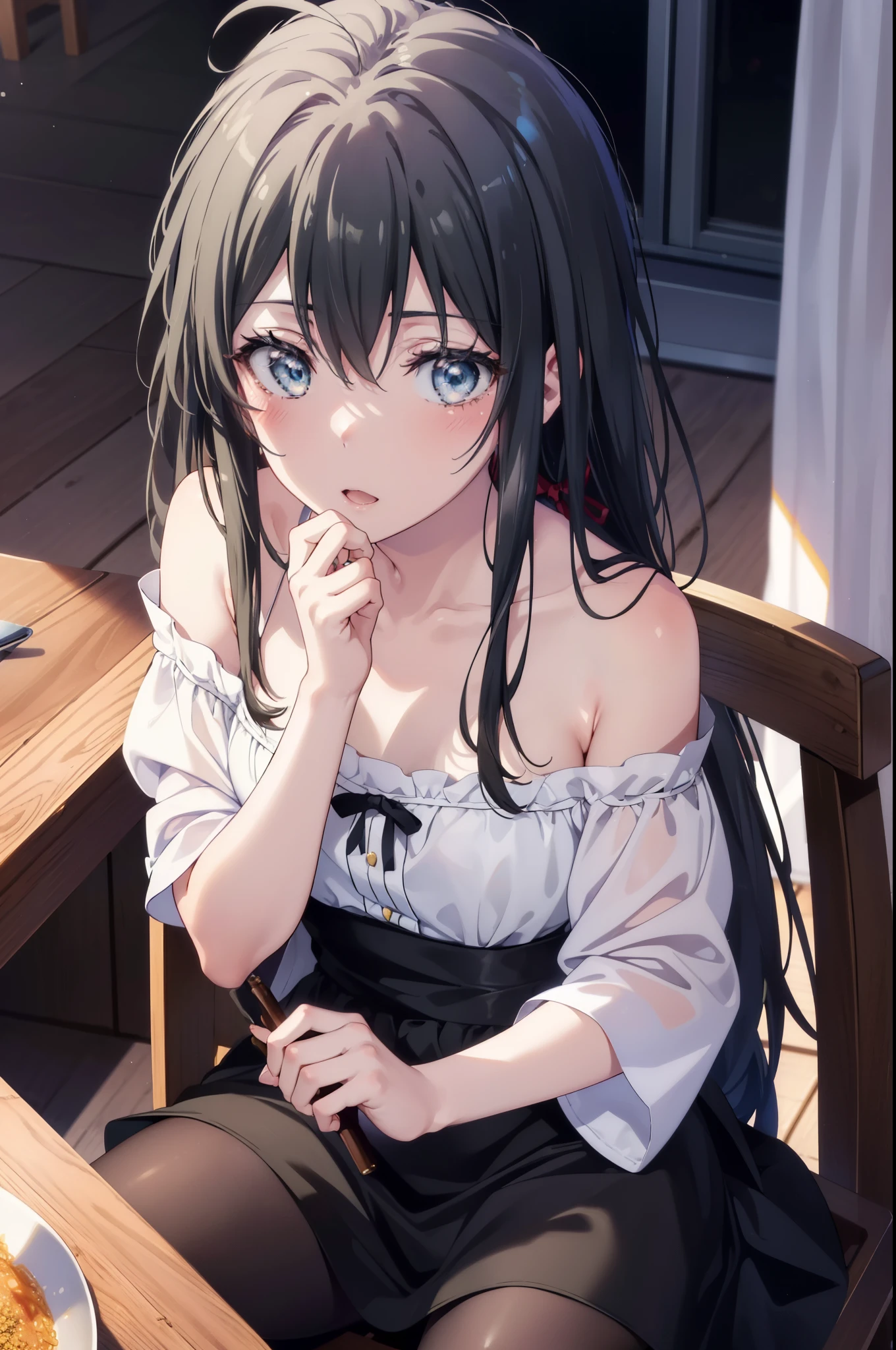 yukinoyukinoshita, yukino yukinoshita, black hair, blue eyes, long hair, Ahoge,smile,blush,open your mouth,red off shoulder dress,bare shoulders,bare clavicle,naked neck,shorts,black pantyhose,short boots,sitting on a chair and eating curry rice,There is curry rice on the table,
break indoors, School cafeteria,
break looking at viewer, (cowboy shot:1.5),
break (masterpiece:1.2), highest quality, High resolution, unity 8k wallpaper, (figure:0.8), (detailed and beautiful eyes:1.6), highly detailed face, perfect lighting, Very detailed CG, (perfect hands, perfect anatomy),