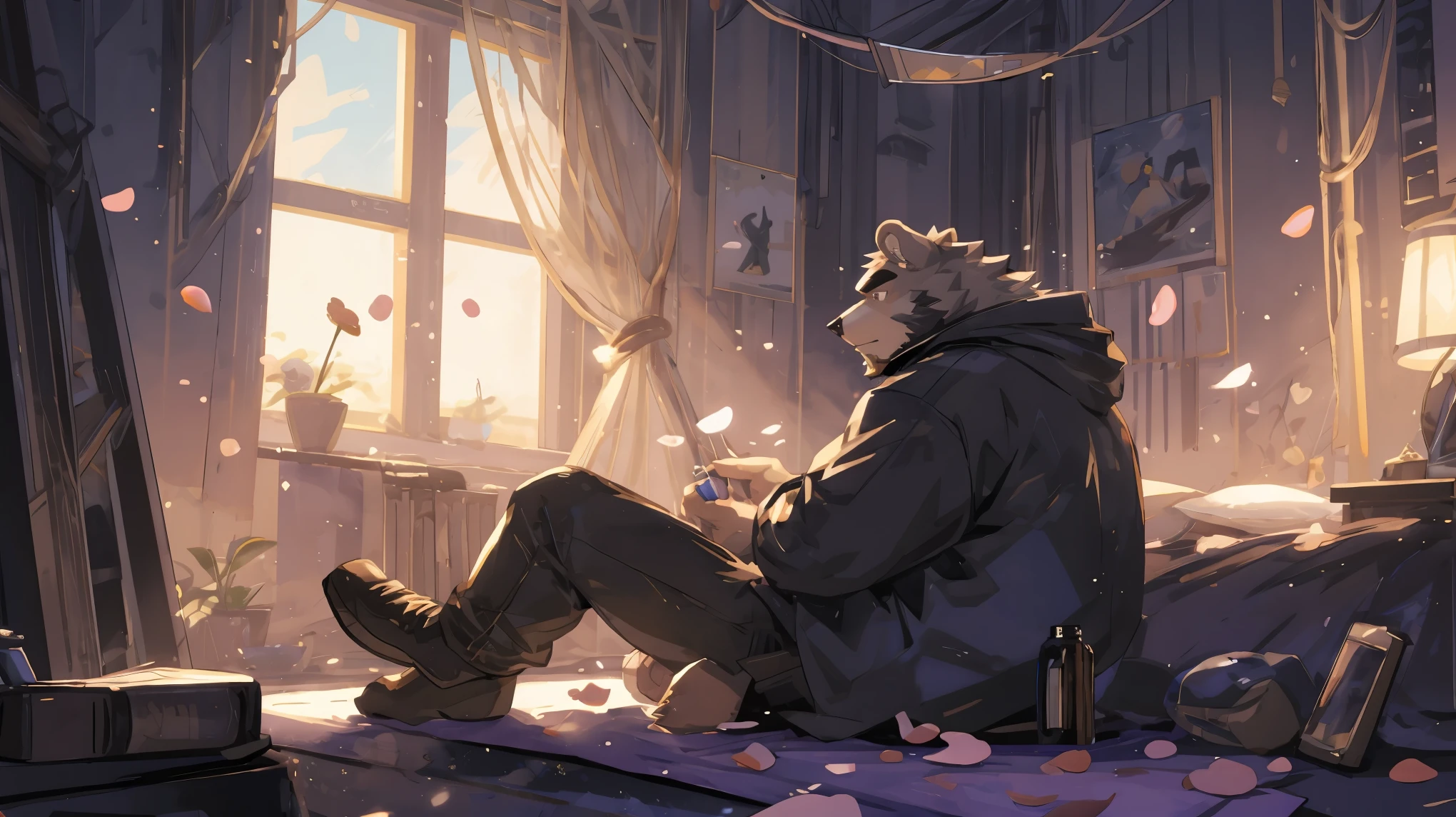 (masterpiece:1.2), best quality,pixiv,official art,(Ray tracing, light), (flower petal in the sky :1.3), (1_male:1.3), (solo:1.3) , portrait , (muscle), (gray fur:1.4), (muscle bear), (bear tail), (beard:1.2), (gleaming golden eyes), Thick eyebrows, open hoodie, naked inside, cargo shorts, indoor, bedroom, french window, sitting down