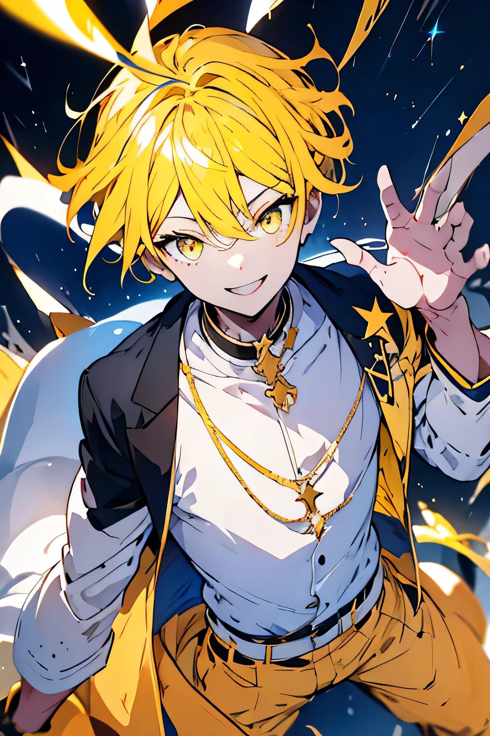 1boy, Star background, star eyes, yellow hair, golden eyes, wide smile, flashy clothes 