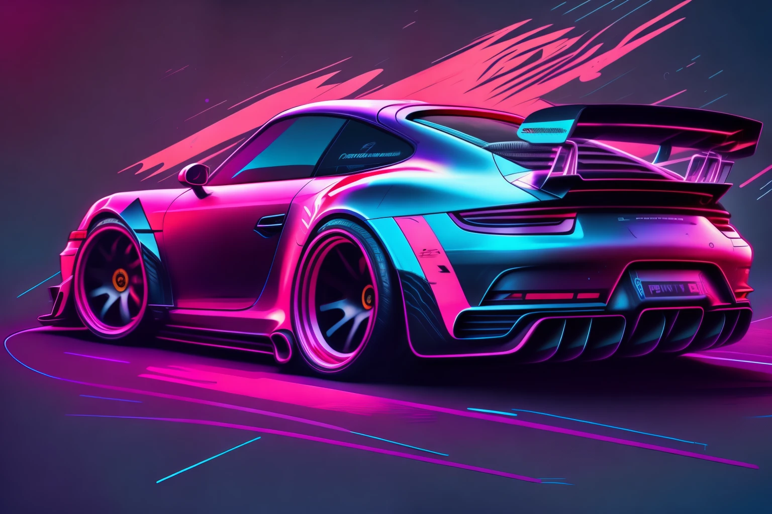 "carro, ambiente cyberpunk, neon Porsche 911 rwb, pop art, cartoonish style , sketch, detailed illustration, large wheels, wide bodykit