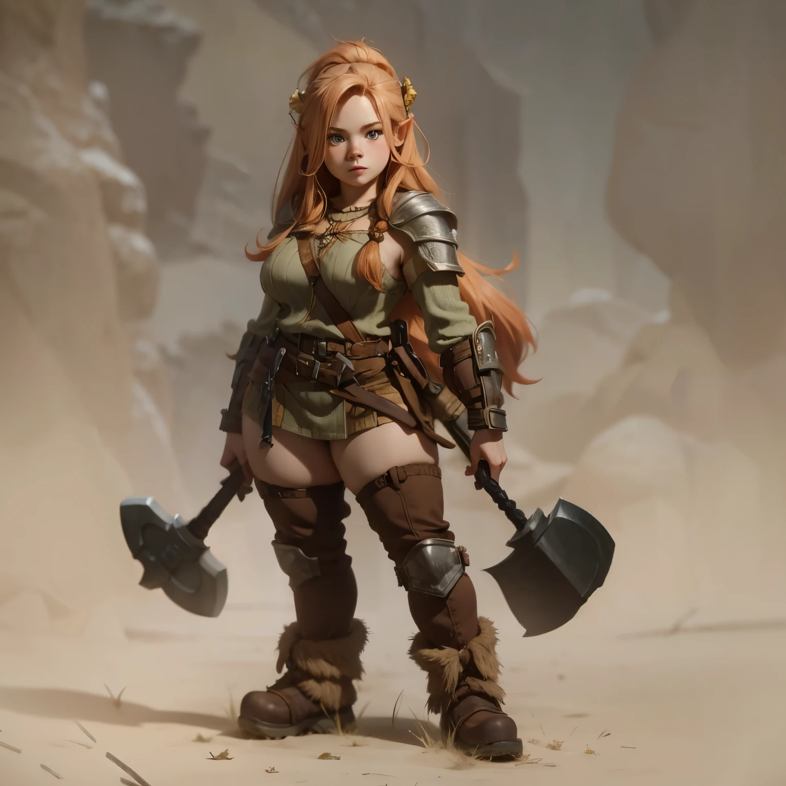 Really pretty very cute dwarf girl fantasy art, fair reddish pale blonde hair, dressed in ancient fantasy dwarf girl attire, very sexy seductive pose, large_breast, big_booty, knobby boots throwing axe and war hammer, fantasy background forest village scene, Masterpiece