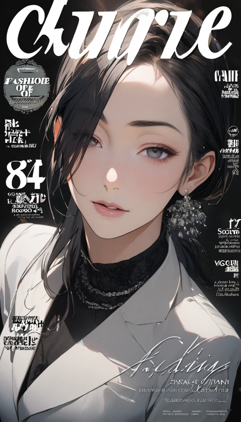 (best quality,High resolution),Fashion magazine cover, Handsome female model, High cheekbones, A caring expression, white blazer, short black hair