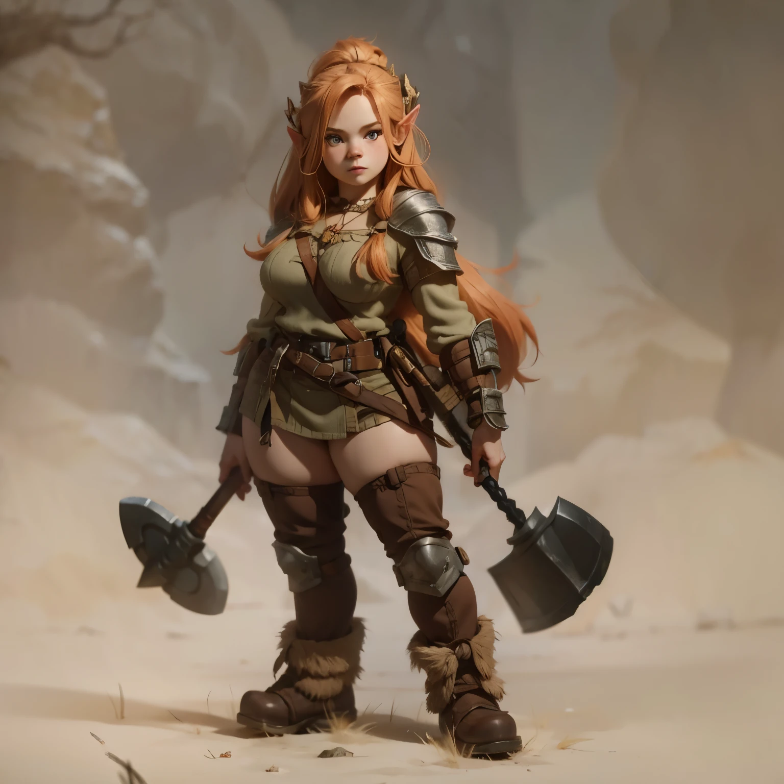 Really pretty very cute dwarf girl fantasy art, fair reddish pale blonde hair, dressed in ancient fantasy dwarf girl attire, very sexy seductive pose, large_breast, big_booty, knobby boots throwing axe and war hammer, fantasy background forest village scene, Masterpiece