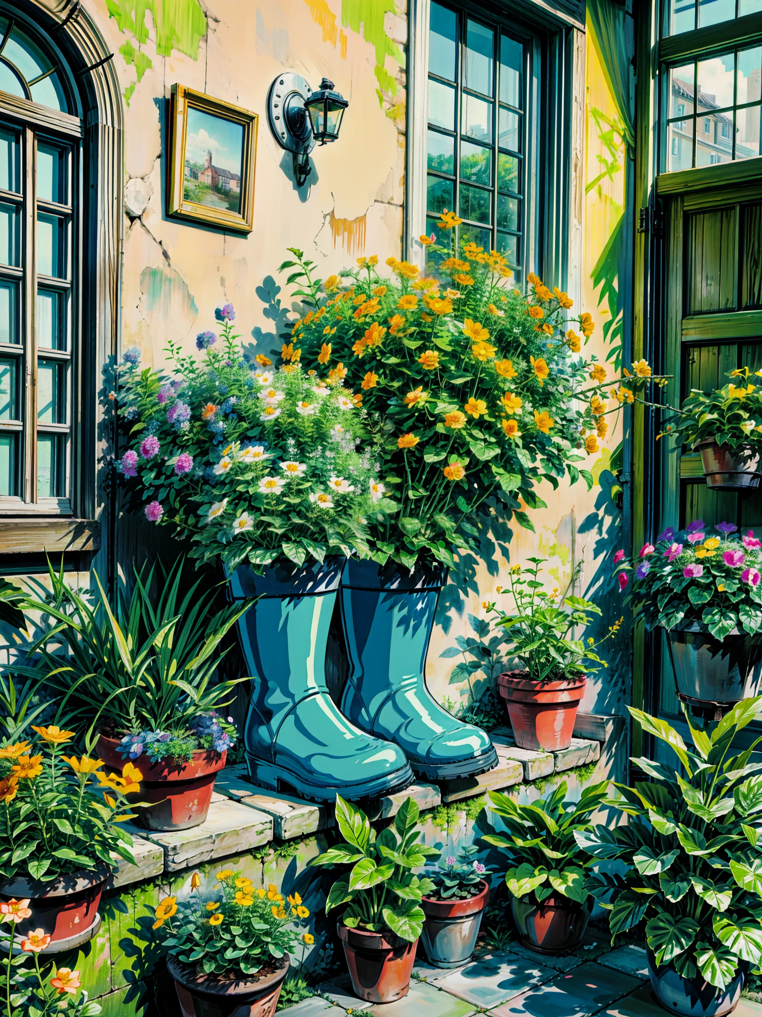 a pair of blue rain boots with yellow flowers in them, flower pots, upcycled, plants allover, the platonic ideal of flowers, the yellow creeper, planters, potted plants, potted plant, beautiful flowers growing, cute style garden, yellow flowers, pot plants, i dream of a vase flowers, better homes and gardens, decorative flowers, neon flowers, hd, cloud,beautiful art uhd 4 k, a beautiful artwork illustration, beautiful digital painting, highly detailed digital painting, beautiful digital artwork, detailed painting 4 k, very detailed digital painting, rich picturesque colors, gorgeous digital painting
