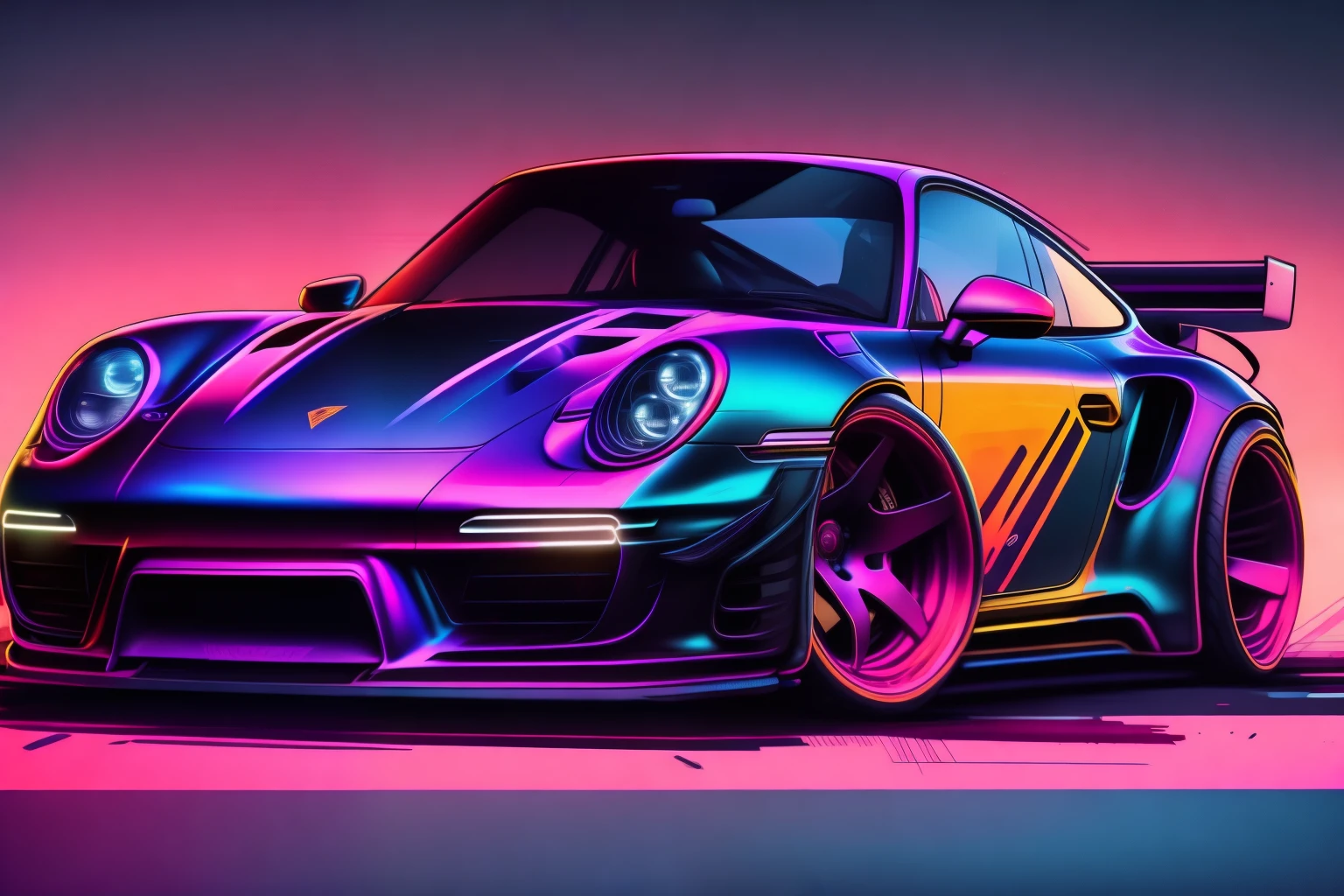 "carro, ambiente cyberpunk, neon Porsche 911 rwb, pop art, cartoonish style , sketch, detailed illustration, large wheels, wide bodykit