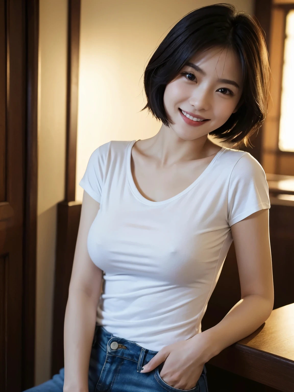((masterpiece))、((highest quality))、photograph、reality、High level image quality、Super detailed、Japanese、Unmarried women、30 years old、short hair、Realistic background and accessories、no makeup、((big and soft breasts))、chest bulge:1.2、sexy smile、carefree smile、((bright lighting))、casual restaurant、light and darkness、Shadow、bright look、busy、(skinny t-shirt)、valley、
