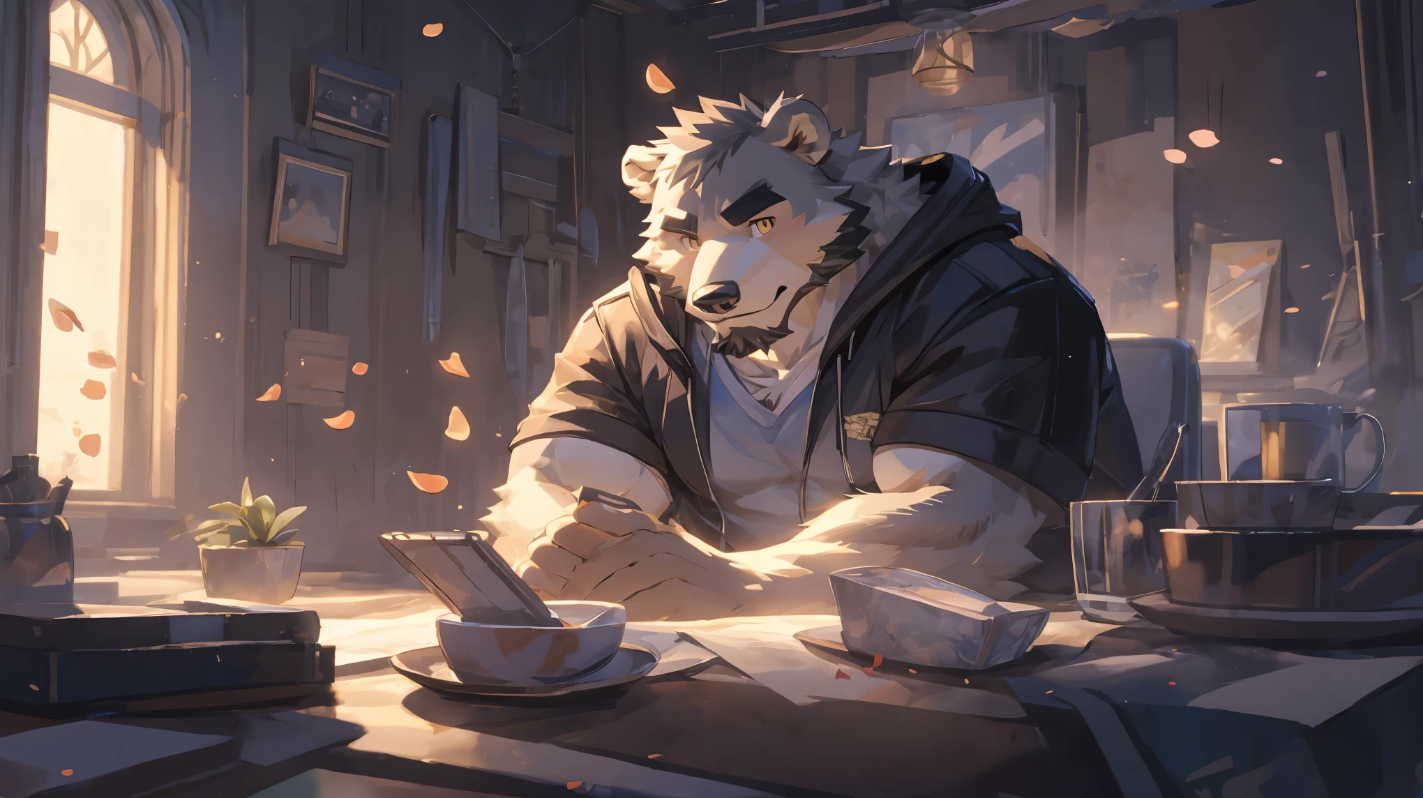 (masterpiece:1.2), best quality,pixiv,official art,(Ray tracing, light), (flower petal in the sky :1.3), (1_male:1.3), (solo:1.3) , portrait , (muscle), (gray fur:1.4), (muscle bear), (bear tail), (beard:1.2), (gleaming golden eyes), Thick eyebrows, open hoodie, naked inside, cargo shorts, indoor, bedroom, french window, sitting down