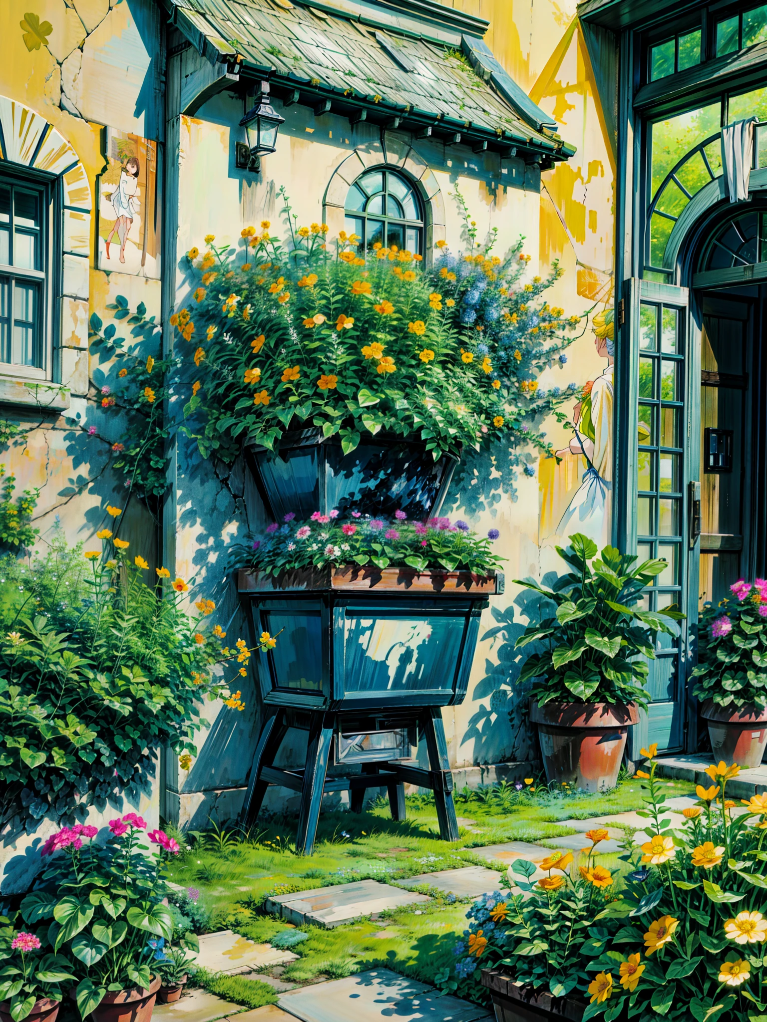 a pair of blue rain boots with yellow flowers in them, flower pots, upcycled, plants allover, the platonic ideal of flowers, the yellow creeper, planters, potted plants, potted plant, beautiful flowers growing, cute style garden, yellow flowers, pot plants, i dream of a vase flowers, better homes and gardens, decorative flowers, neon flowers, hd, cloud,beautiful art uhd 4 k, a beautiful artwork illustration, beautiful digital painting, highly detailed digital painting, beautiful digital artwork, detailed painting 4 k, very detailed digital painting, rich picturesque colors, gorgeous digital painting