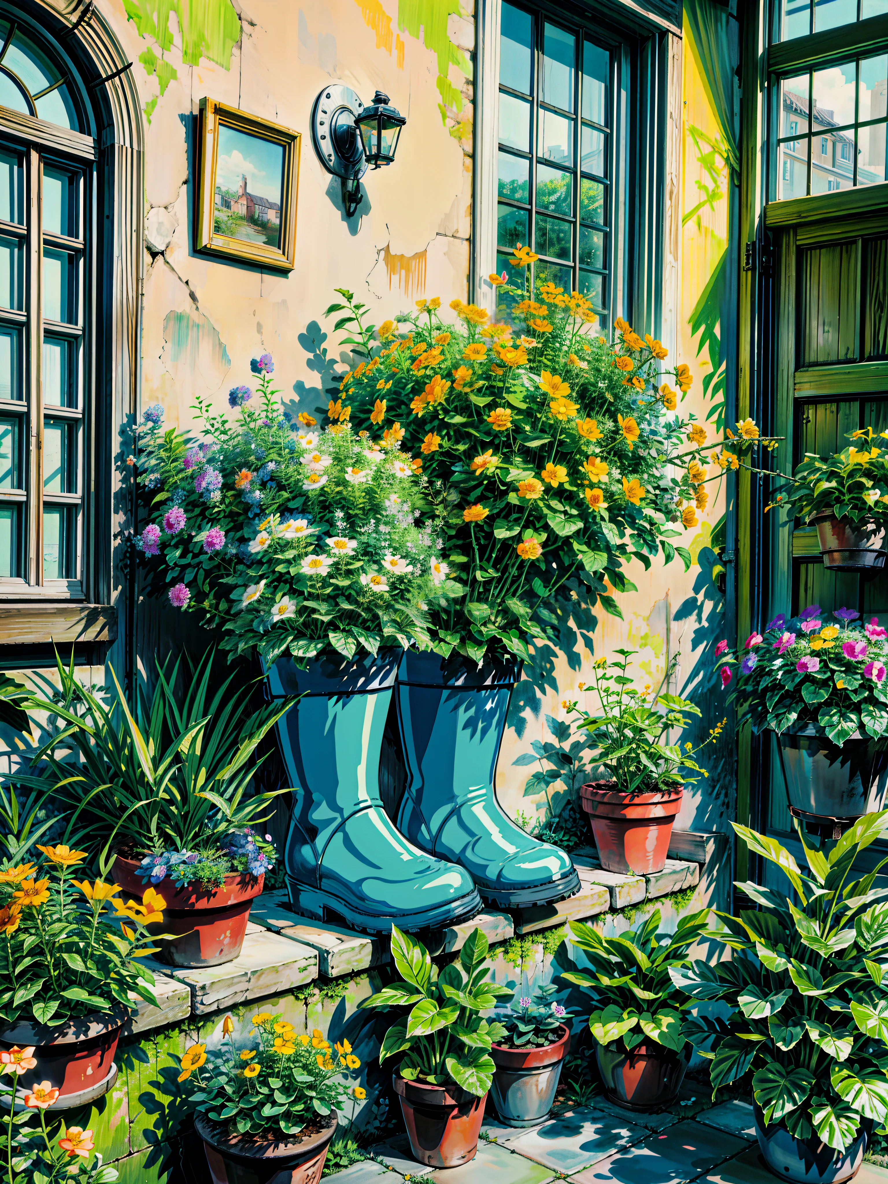 a pair of blue rain boots with yellow flowers in them, flower pots, upcycled, plants allover, the platonic ideal of flowers, the yellow creeper, planters, potted plants, potted plant, beautiful flowers growing, cute style garden, yellow flowers, pot plants, i dream of a vase flowers, better homes and gardens, decorative flowers, neon flowers, hd, cloud,beautiful art uhd 4 k, a beautiful artwork illustration, beautiful digital painting, highly detailed digital painting, beautiful digital artwork, detailed painting 4 k, very detailed digital painting, rich picturesque colors, gorgeous digital painting