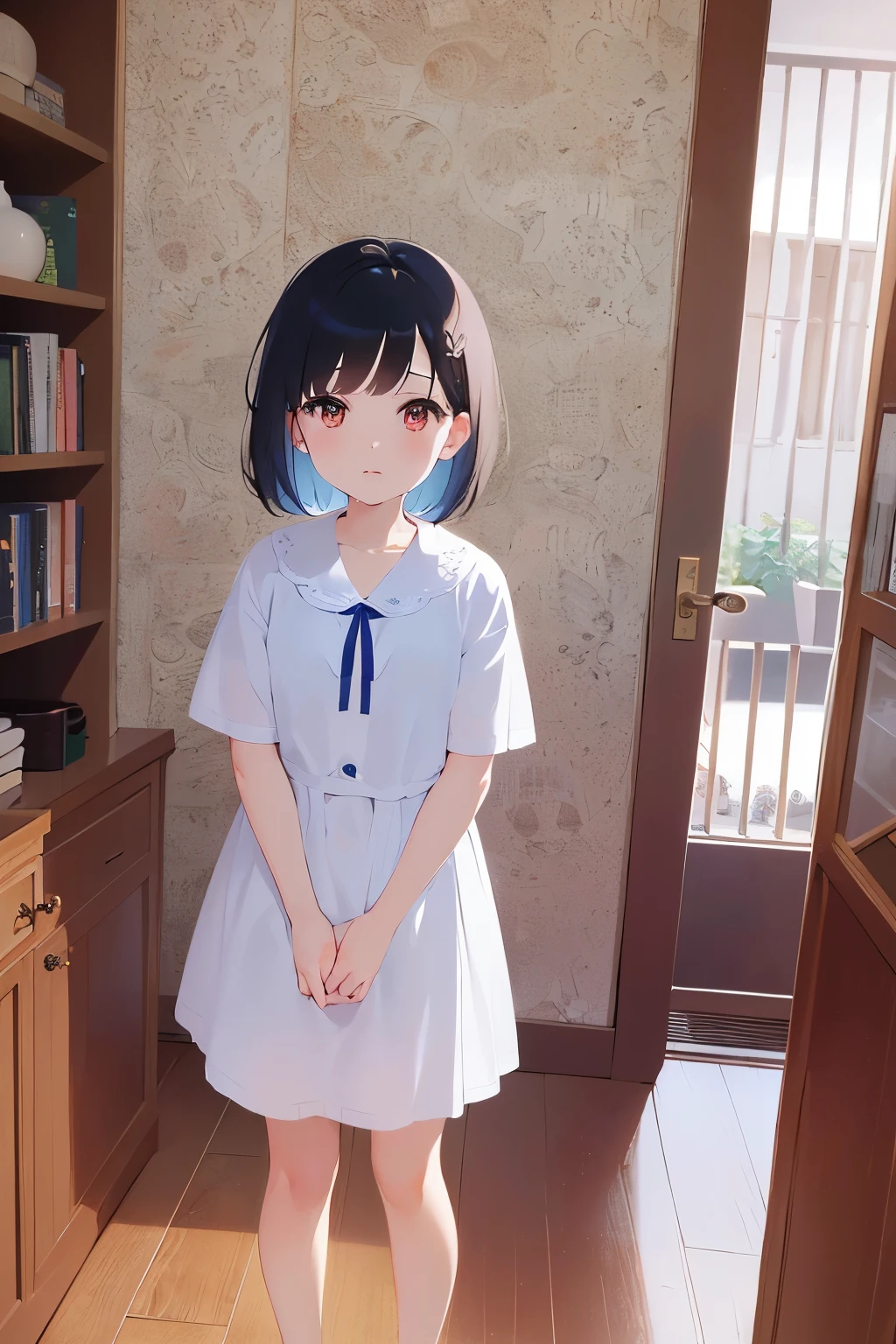 shooting from above、 (wet hair:1.5), 、bob cut, masterpiece、highest quality、 (hair with brown bangs) and (orange eyes) and (5 year old girl:1.5)、young girl, (white) and (blouse)、sad、Are standing、The background is the living room、Upper body is shown、Alone、