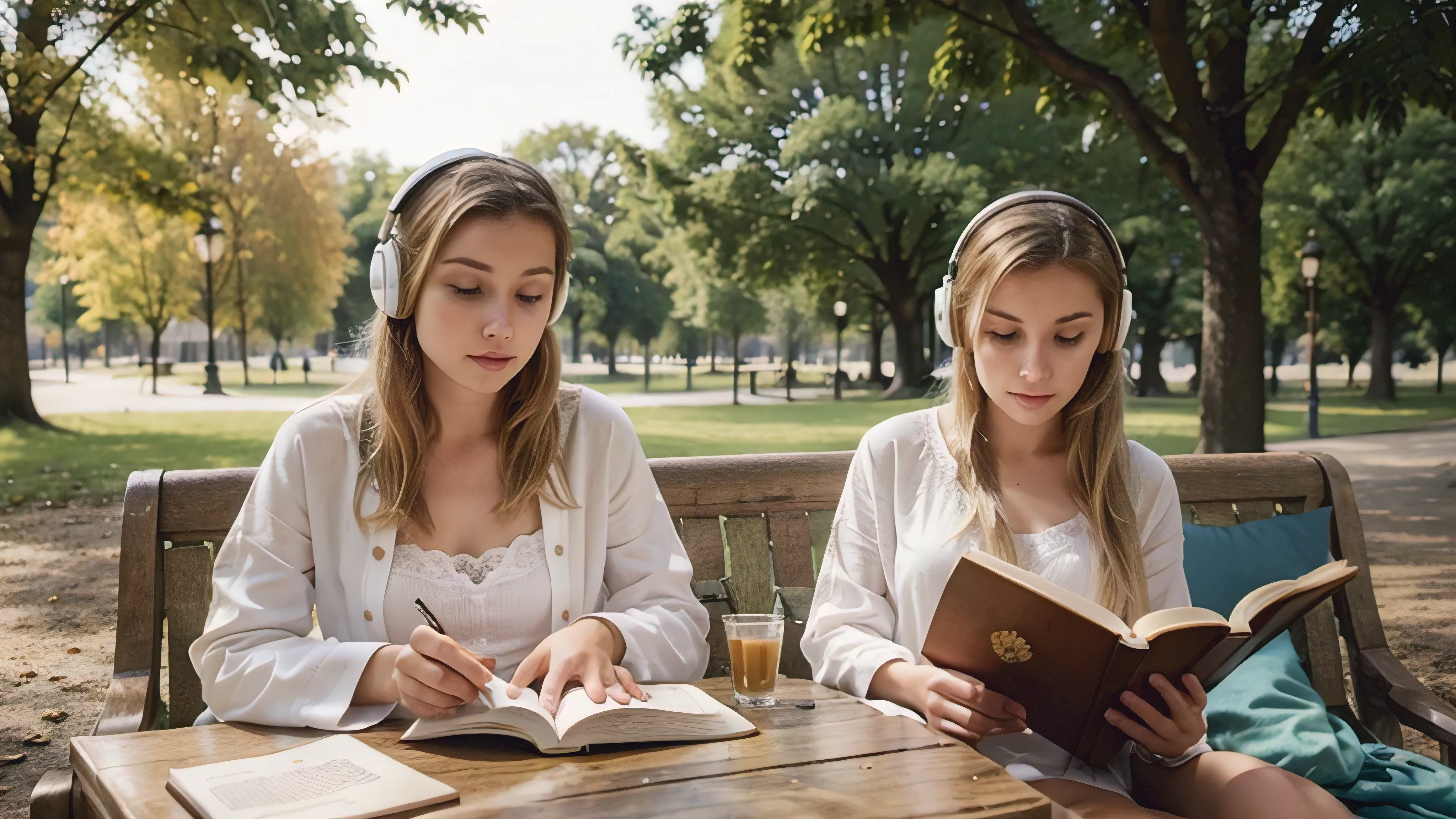 Fille de 19 ans, robe blanche, cheveux blonds, yeux marrons, porter des écouteurs, sitting reading a book at a table in the park.