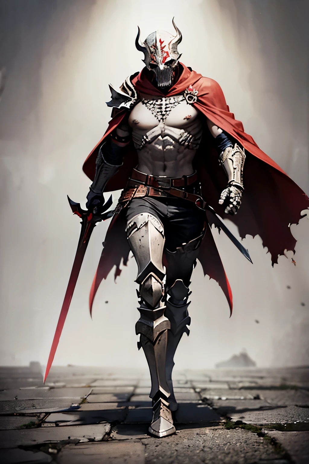 Skeleton warrior, torn red cape, Viking shield, short sword, broken and torn armor. walking towards you, speed, charge attack, skeletal full body hollow pose