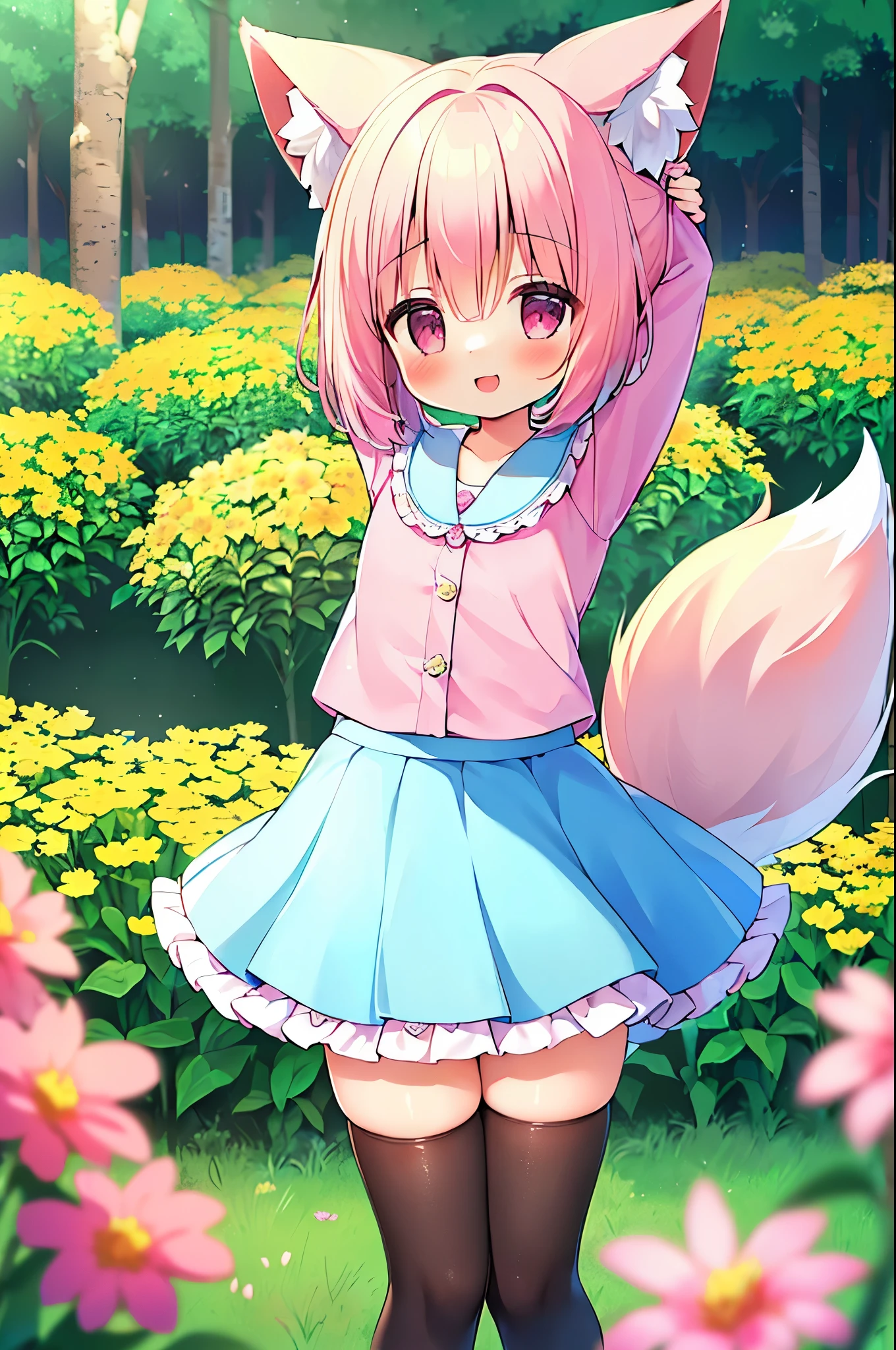 (((masterpiece))), (high quality:1.5))), (beautiful:1.5), (((8k))), (High resolution:1.5), (1 girl:1.5), (pink short hair:1.4), pink short hair:1.4), (Pink fox tail:1.5), (Pink fox tail:1.4), (pink fox ears and white tips), (pink eyes), (Super cute light blue ruffle pleated skirt:1.3), (Very cute light blue blouse with frills:1.4), (long sleeve:1.1), (in the forest:1.3), (in the flower field:1.4), (Laughing 1.4), (dynamic pose:1.4), (hands behind head:1.4)