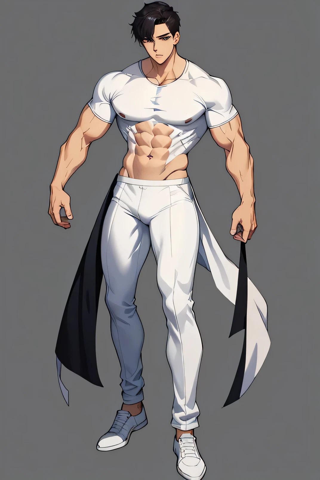 1 male、Handsome,Slender figure,short black hair,White short sleeves,huge,abdominal muscles,Upper body exposed,Full body painting,blank background