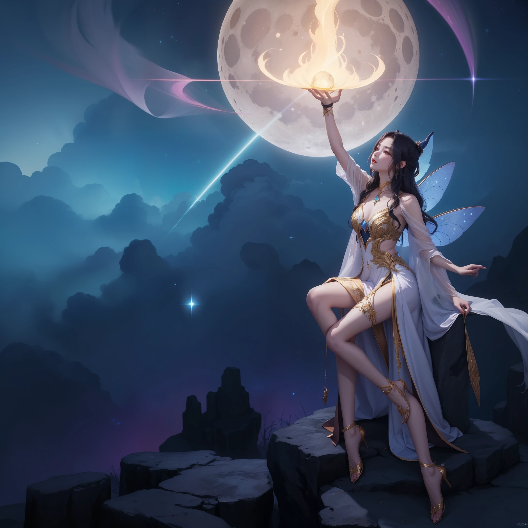 anime girl en robe blanche debout sur une falaise avec une boule de feu à la main, pose de lancement de sorts, essence étheree, aura blanche et brillante, Magnificent celestial mage, fairy magic lighting, Astral Fairy, vêtements de sorcière astrale, portrait complet de l'elementalist, to be ethereal and wavy, Witch of Heaven, lunar themed outfit, tenue fantastique, astral ethereal, je vais, style final fantasy 14