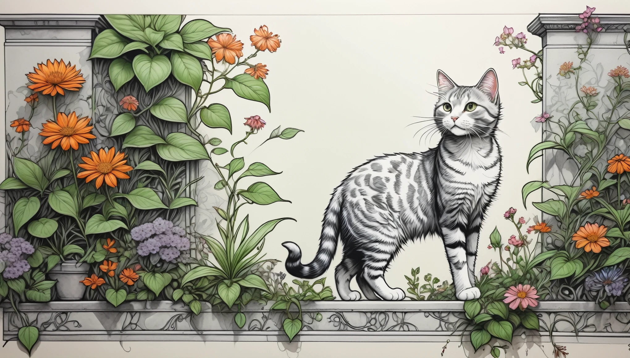 Sketching with a silver pen, the cat walking on the wall and the imitating cat movements, the wall covered with plants and flower buds, Aaron Hawkey and Alexis Bricklot and Mucha styles, super detailed, with clear focus, caustics, light and dark boundaries, and vivid color
