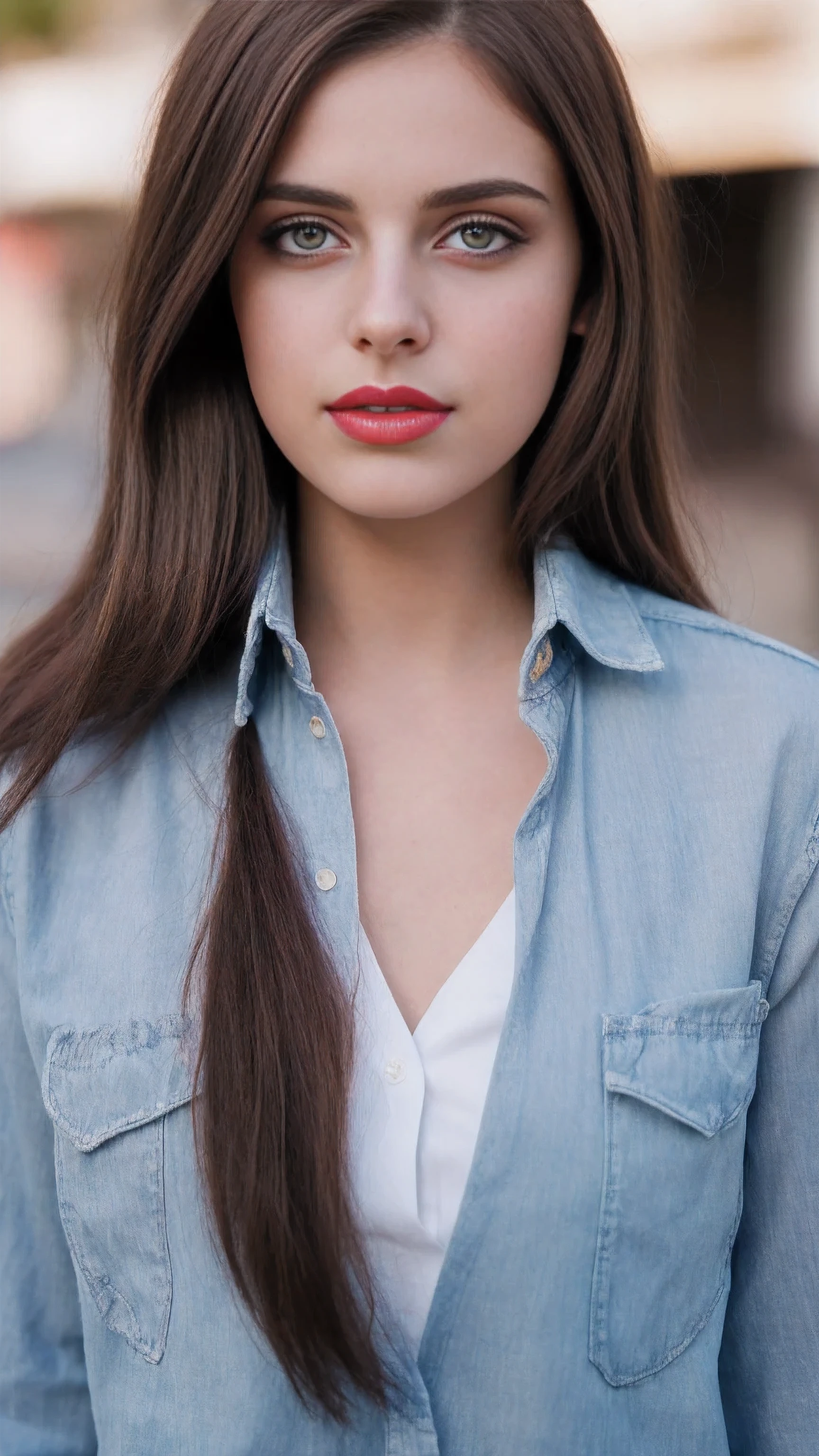 Boycut brown shining hair, (RAW photo), (realism: 1.8), (gloss red lipstick, many eyelashes, dark black eye shadow, shy, blushing, high quality, high resolution, depth of field, chromatic aberration, caustic, wide light, dark pink fair glossy skin, (21 year old woman), stylish college girl, white shirt-blue jeans, lots of exposure, pose, visible 8k resolutions,