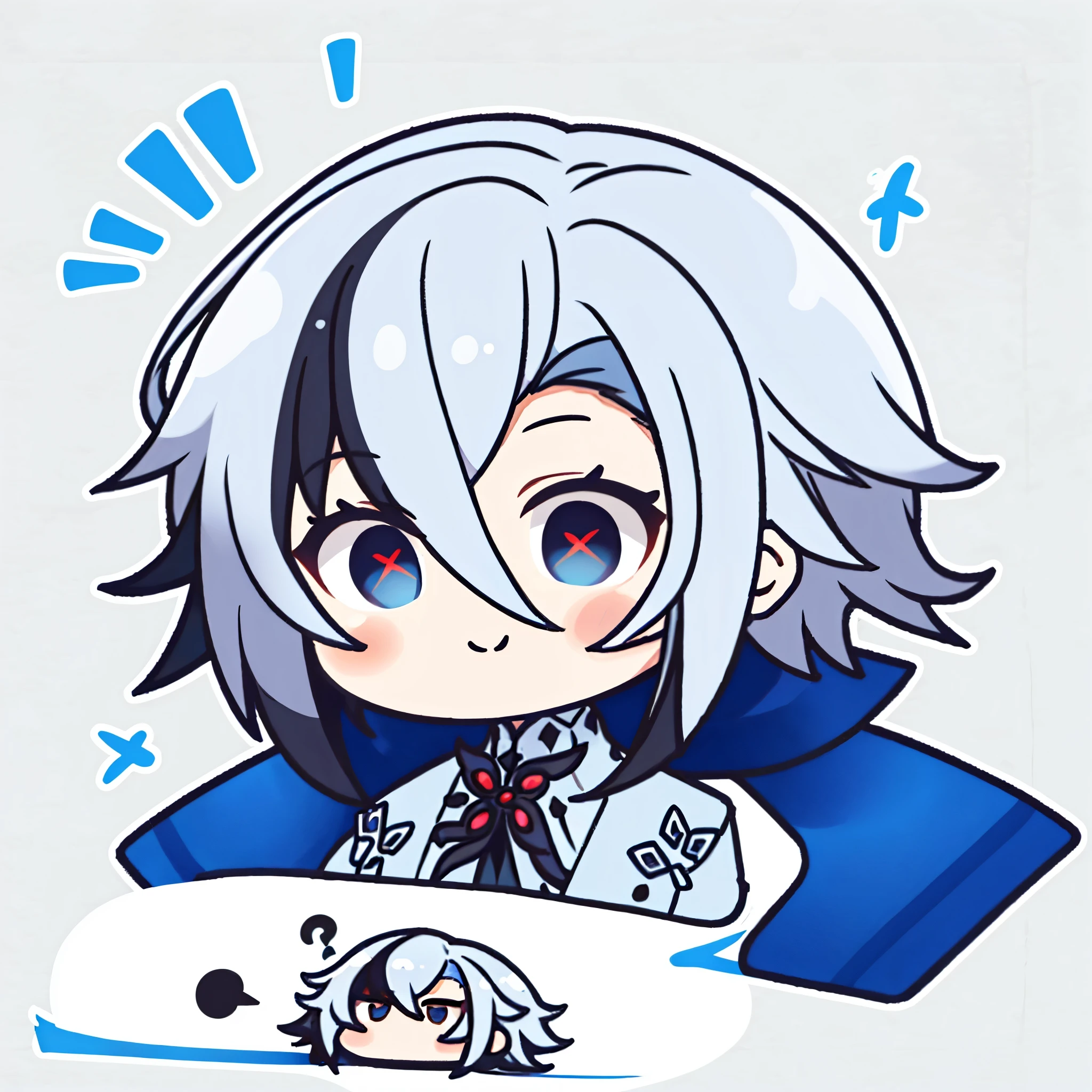 1girl,Arlecchino,(chibi:1.2),confused,question mark, white short hair, blue eyes with red x-shaped pupils, wearing white suit,red cheeks, puffy cheeks,face focus:1.7