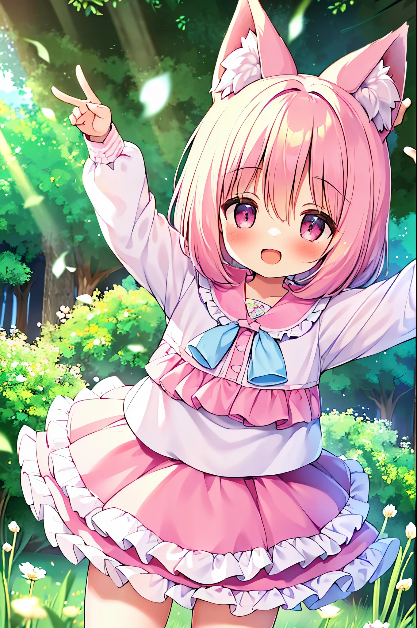 (((masterpiece))), (high quality:1.5))), (beautiful:1.5), (((8k))), (High resolution:1.5), (1 girl:1.5), (pink short hair:1.5), (thin:1.2), (Pink fox tail:1.5), (Pink fox tail:1.4), (pink fox ears and white tips), (pink eyes), (Super cute light blue ruffle pleated skirt:1.3), (Very cute light blue blouse with frills:1.4), (long sleeve:1.1), (in the forest:1.3), (in the flower field:1.4), (Laughing 1.4), (dynamic pose:1.4)