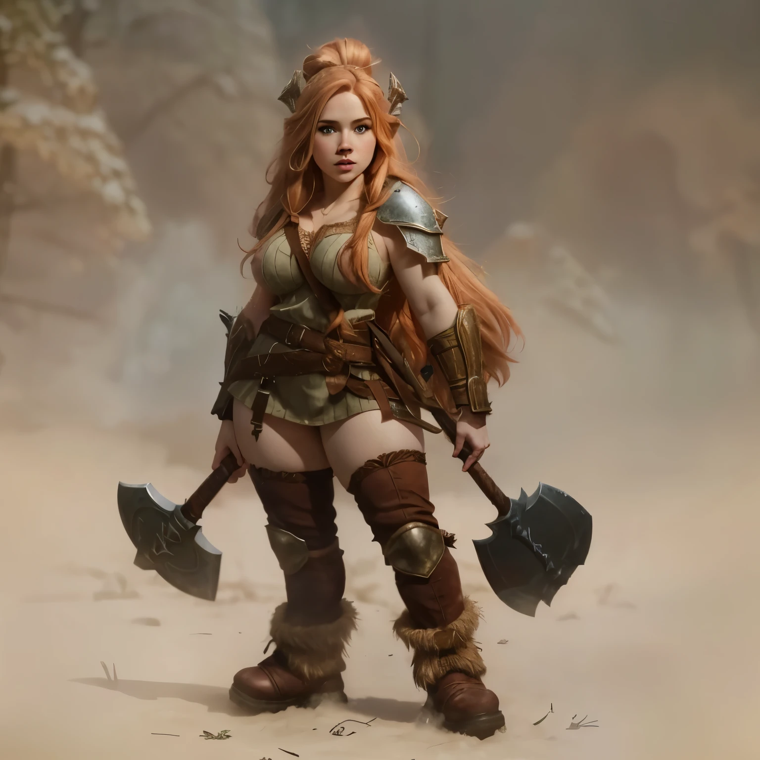 Really pretty sexy dwarf girl fantasy art, fair reddish pale blonde hair, dressed in ancient fantasy dwarf girl attire, very sexy seductive pose, large_breast, big_booty, knobby boots throwing axe and war hammer, fantasy background forest village scene, Masterpiece