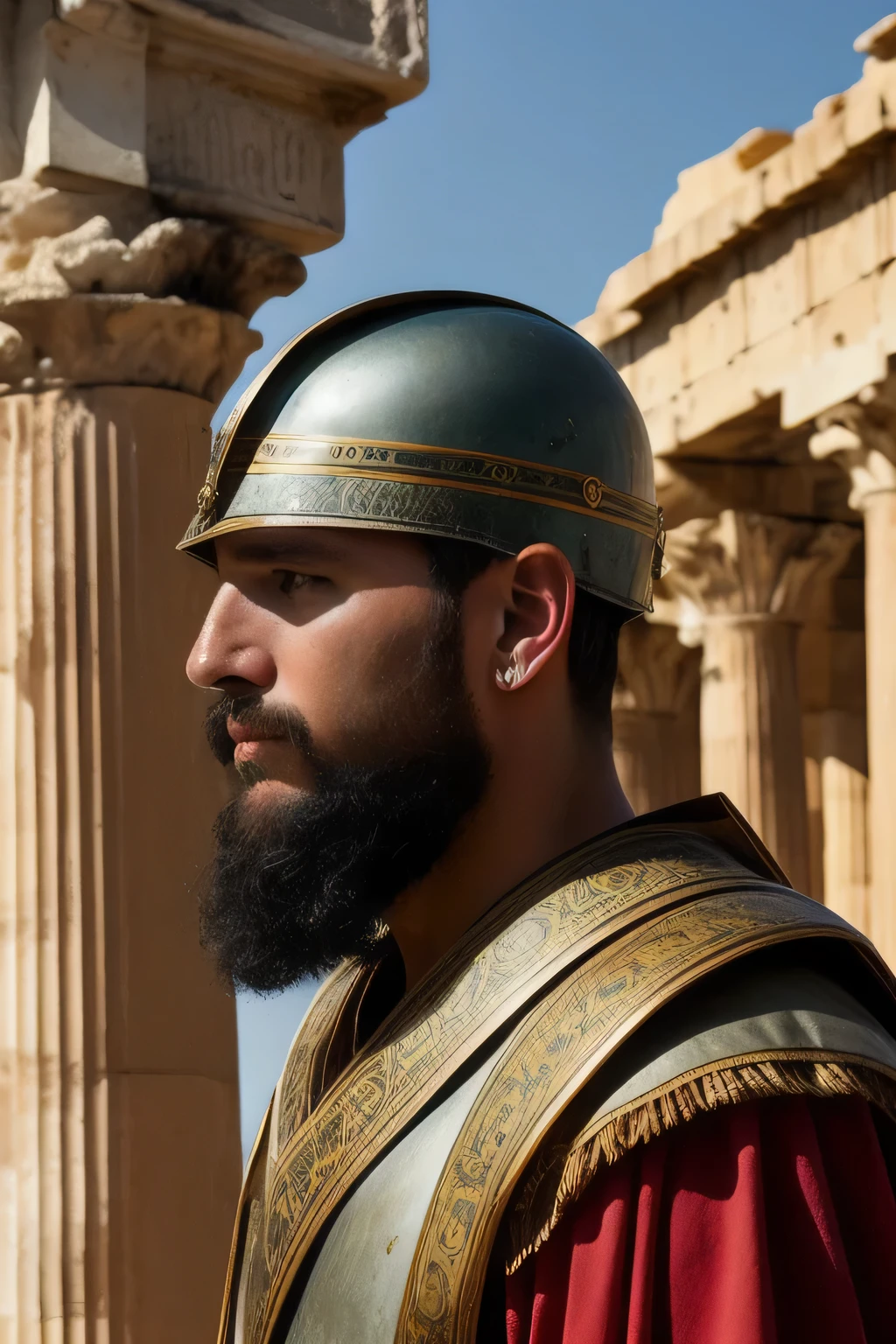 5 Ancient Roman man, The Parthenon, Mediterranean, ojos color avellana, Auburn crew cuts hair, Afeitado de rastrojos, frustrado, detalles lujosos, Armadura completa segmentada Lorica, Casco Galea, aleteo de cabo, cinematic pose, Antecedentes de la ciudad de Roma, romanarmy, Elegante, Soldado romano, ciudad romana, Pilares romanos, Estilo de Gregory Crewdson.
, Super realistic style, highly cinematic, sharp focus, solar lighting, hyperrealistic aesthetic, Visualmente impresionante, emotionally evocative photographs
