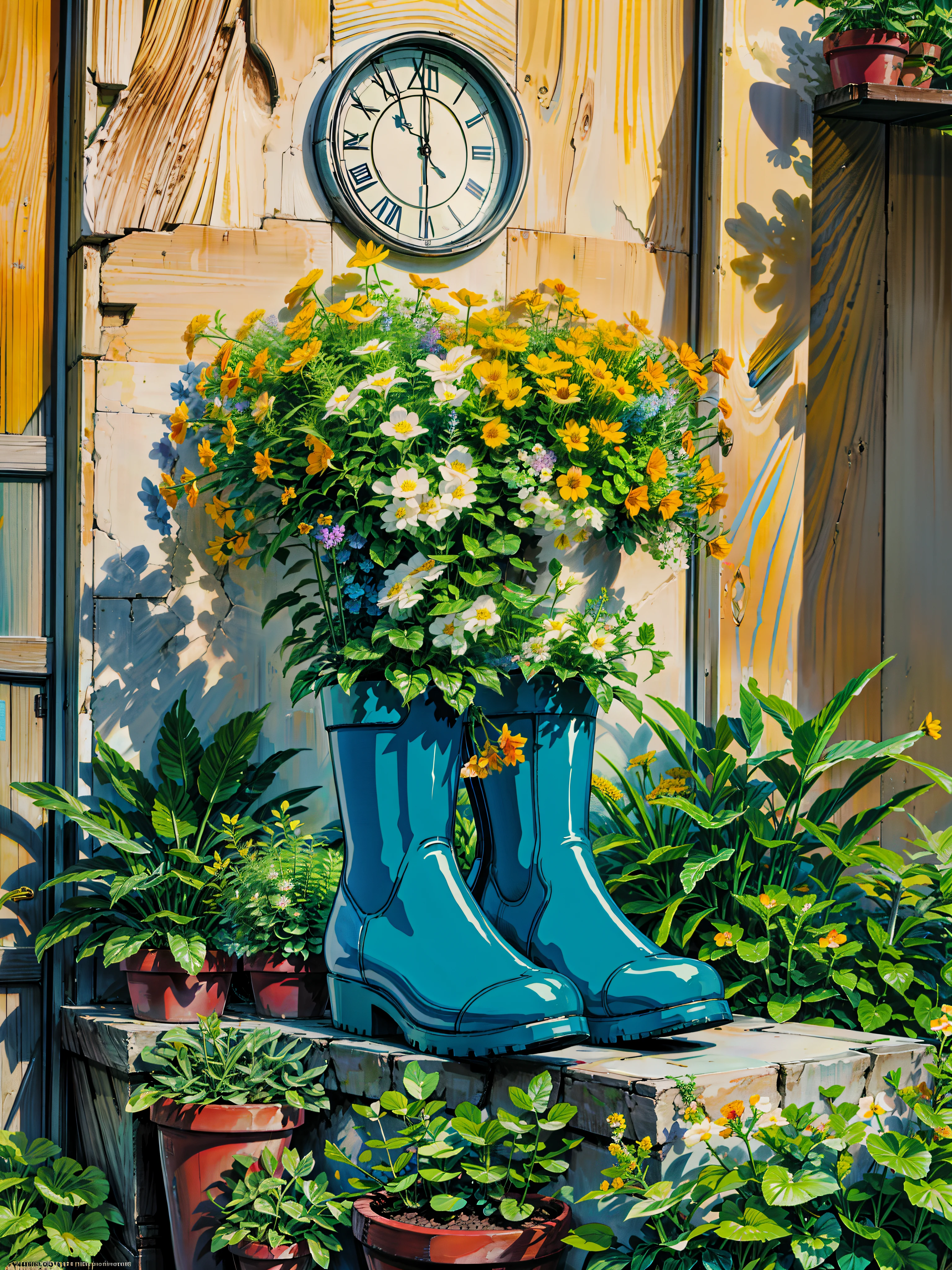 a pair of blue rain boots with yellow flowers in them, flower pots, upcycled, plants allover, the platonic ideal of flowers, the yellow creeper, planters, potted plants, potted plant, beautiful flowers growing, cute style garden, yellow flowers, pot plants, i dream of a vase flowers, better homes and gardens, decorative flowers, neon flowers, hd, cloud,beautiful art uhd 4 k, a beautiful artwork illustration, beautiful digital painting, highly detailed digital painting, beautiful digital artwork, detailed painting 4 k, very detailed digital painting, rich picturesque colors, gorgeous digital painting