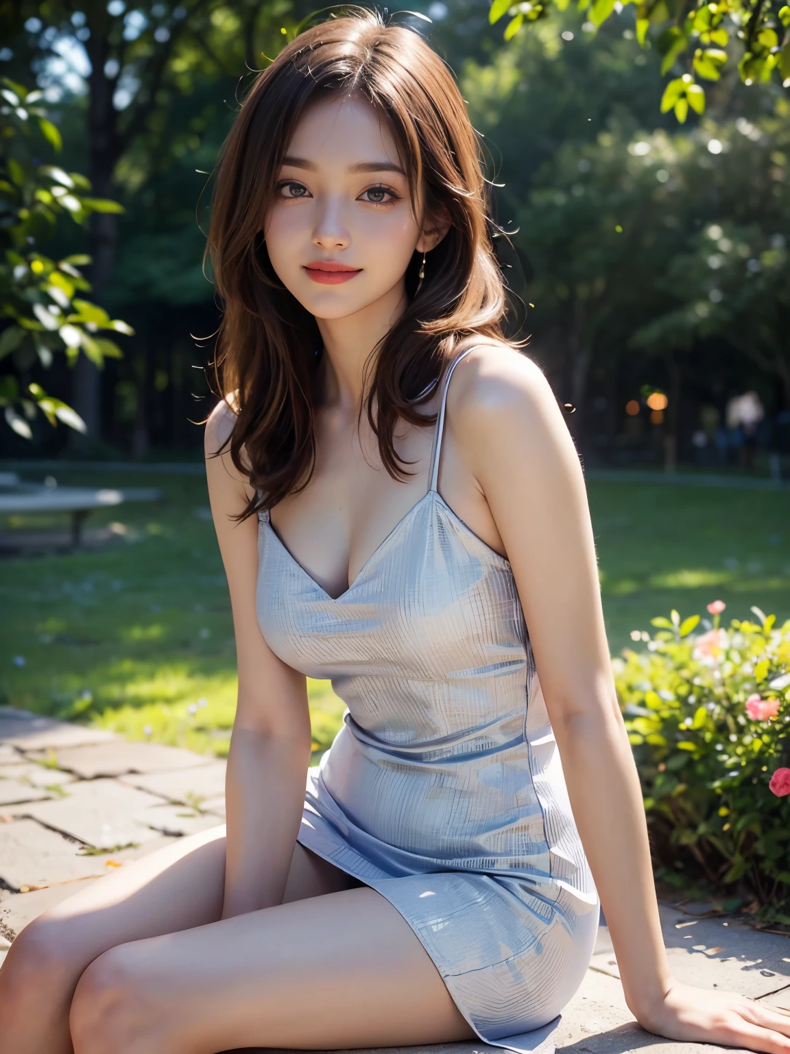 (8K high image quality), (top-quality), (RAW image quality),(masutepiece:1.2), (Realistic), (Photorealistic:1.37), Exquisite, (Live-action realistic style), The Ultimate Face, Photorealistic light and shadow, Clear facial features, milky skin, Fair skin, high detail skin, Realistic skin details, Visible Pore, (Super Detail),Hair length is random, (Flo wing hair), Best portraits, Shot from a short distance, Only one girl, Cute, Beautiful detailed eyes, beautiful detailed nose, high detailed skin , (Beautiful face with double eyelids), (Realism: 1.4), excellent details, Ultra-high resolution, delicate and beautiful face, 28-years old, (Beautiful Face 1.4), A slender, ((Wear a wide variety of colors short dress:1.3)), ((In a flower park)), Natural smile, (Looks fun), Long hair, red lipsticks, beautiful legs, ((Sit in front of the audience with leg extended)), ((Smile at your audience)), (Very attractive smile), Sit on knee upright,