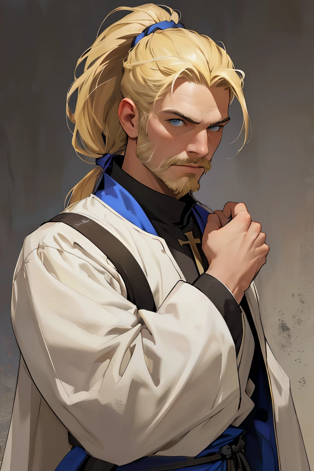 MASTERPIECE, Medieval background, Old, ((facial shaved hair)) ((realistic)), Waist, 1man, solo, male, strong, ((mature male)), ((blonde)), ((short ponytail)), Straight posture, detailed blue eyes, medieval outfit)), ((priest)) ((determinated face)), ((facial hair)), ((Clerig outfit))